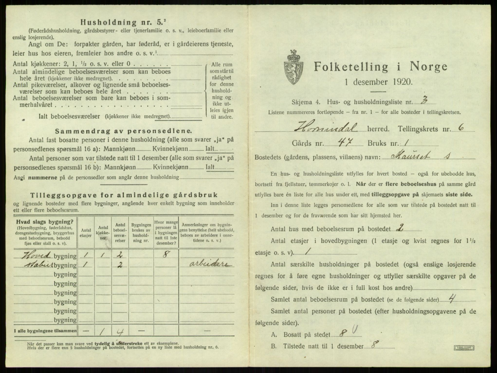 SAB, 1920 census for Hornindal, 1920, p. 432