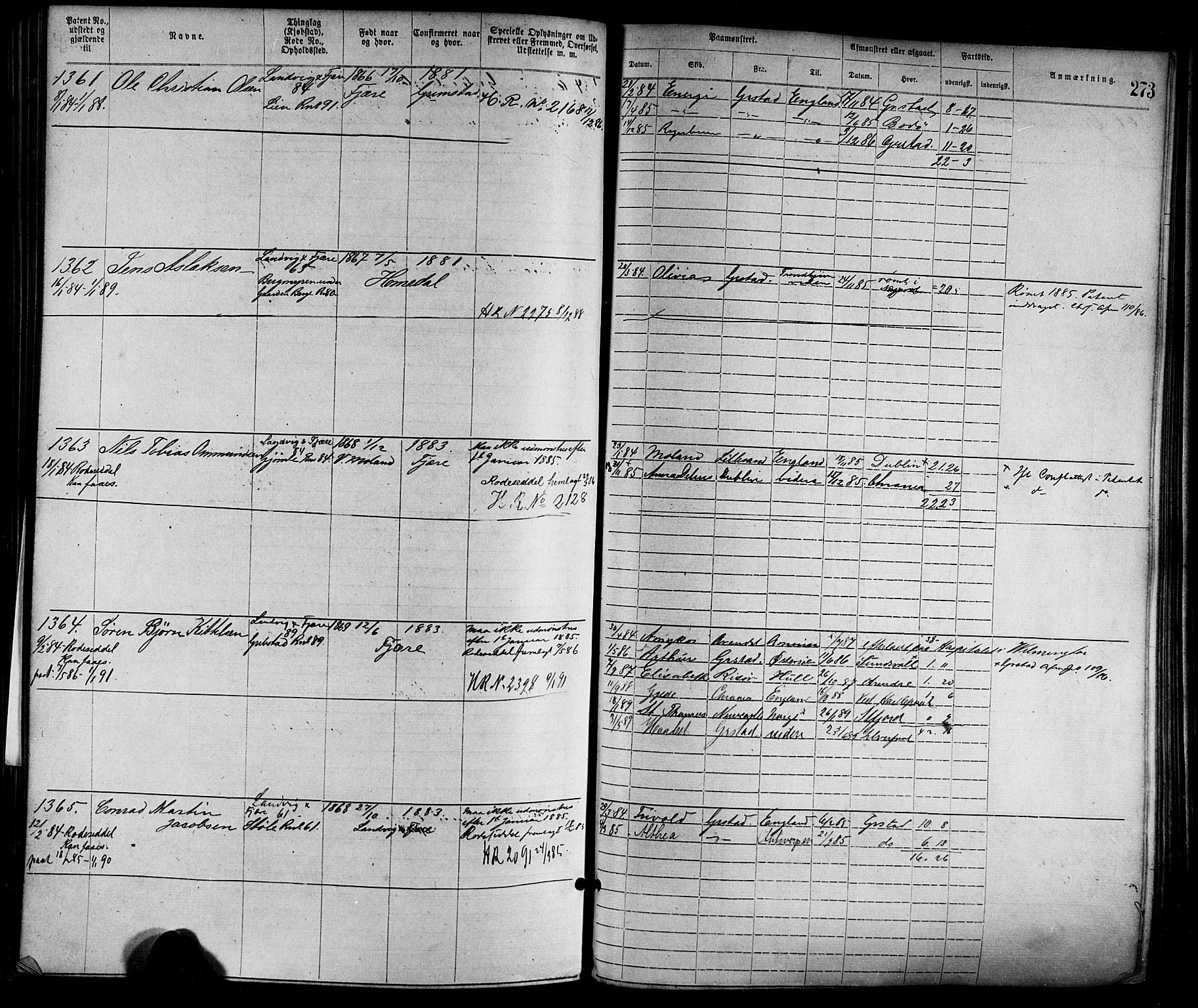 Grimstad mønstringskrets, SAK/2031-0013/F/Fa/L0001: Annotasjonsrulle nr 1-1920 med register, F-1, 1870-1892, p. 305