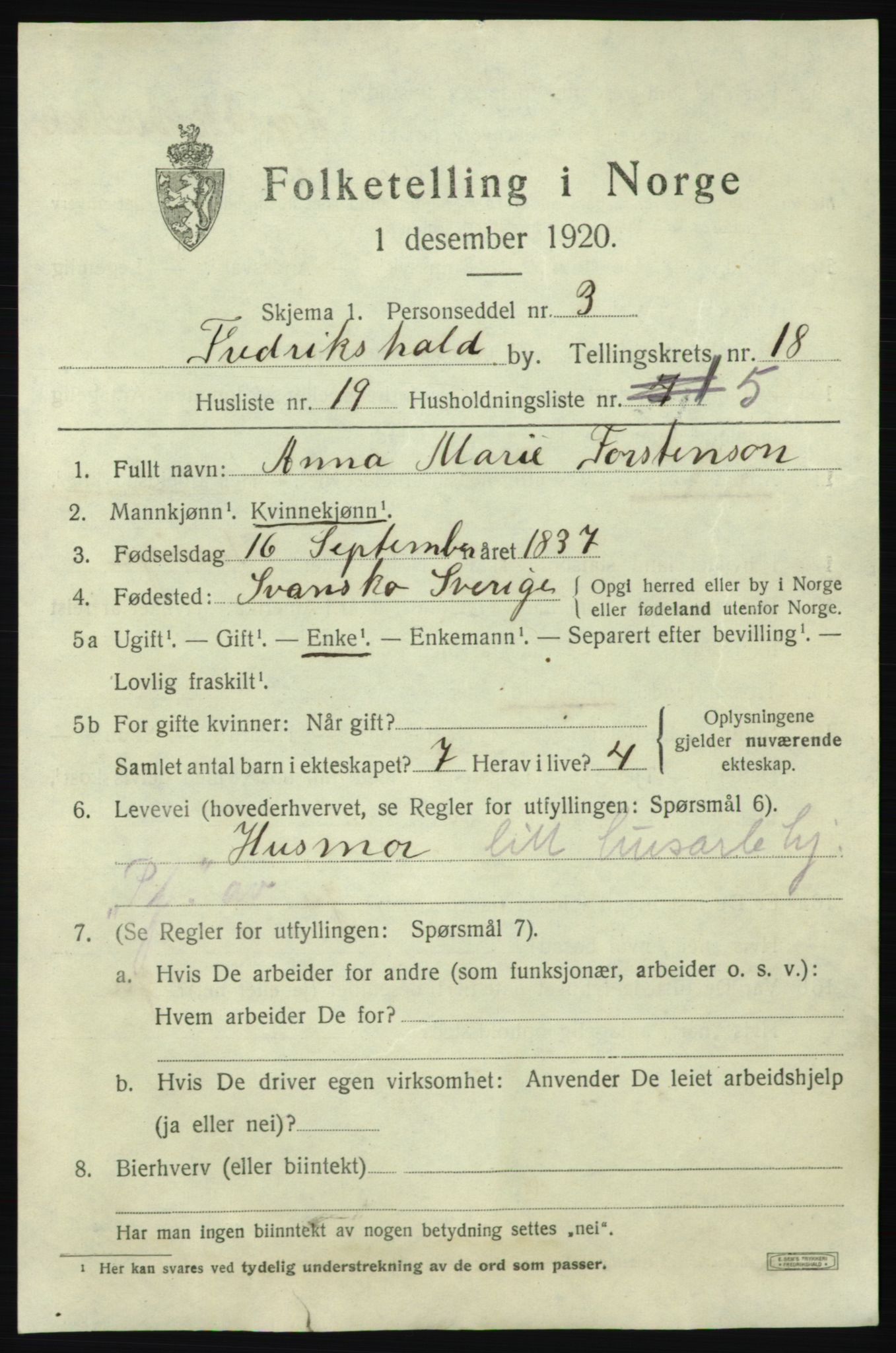 SAO, 1920 census for Fredrikshald, 1920, p. 27645