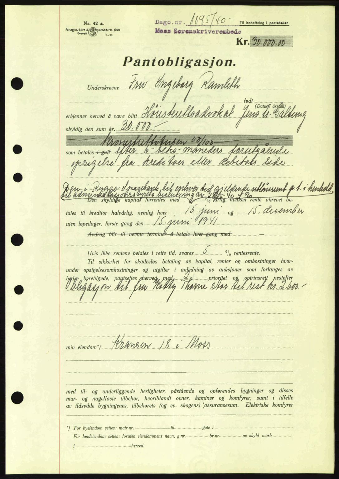 Moss sorenskriveri, SAO/A-10168: Mortgage book no. B10, 1940-1941, Diary no: : 1895/1940