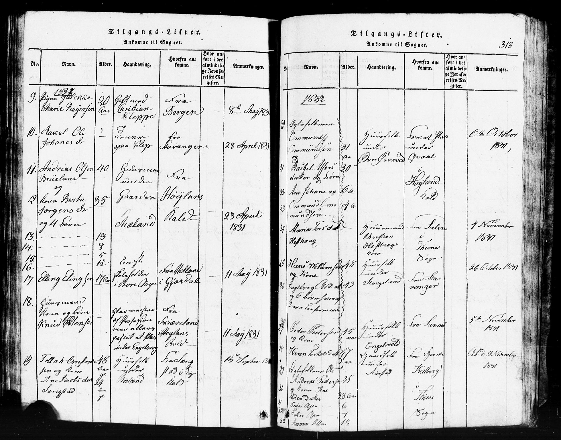 Klepp sokneprestkontor, SAST/A-101803/001/3/30BB/L0001: Parish register (copy) no.  B 1, 1816-1859, p. 313