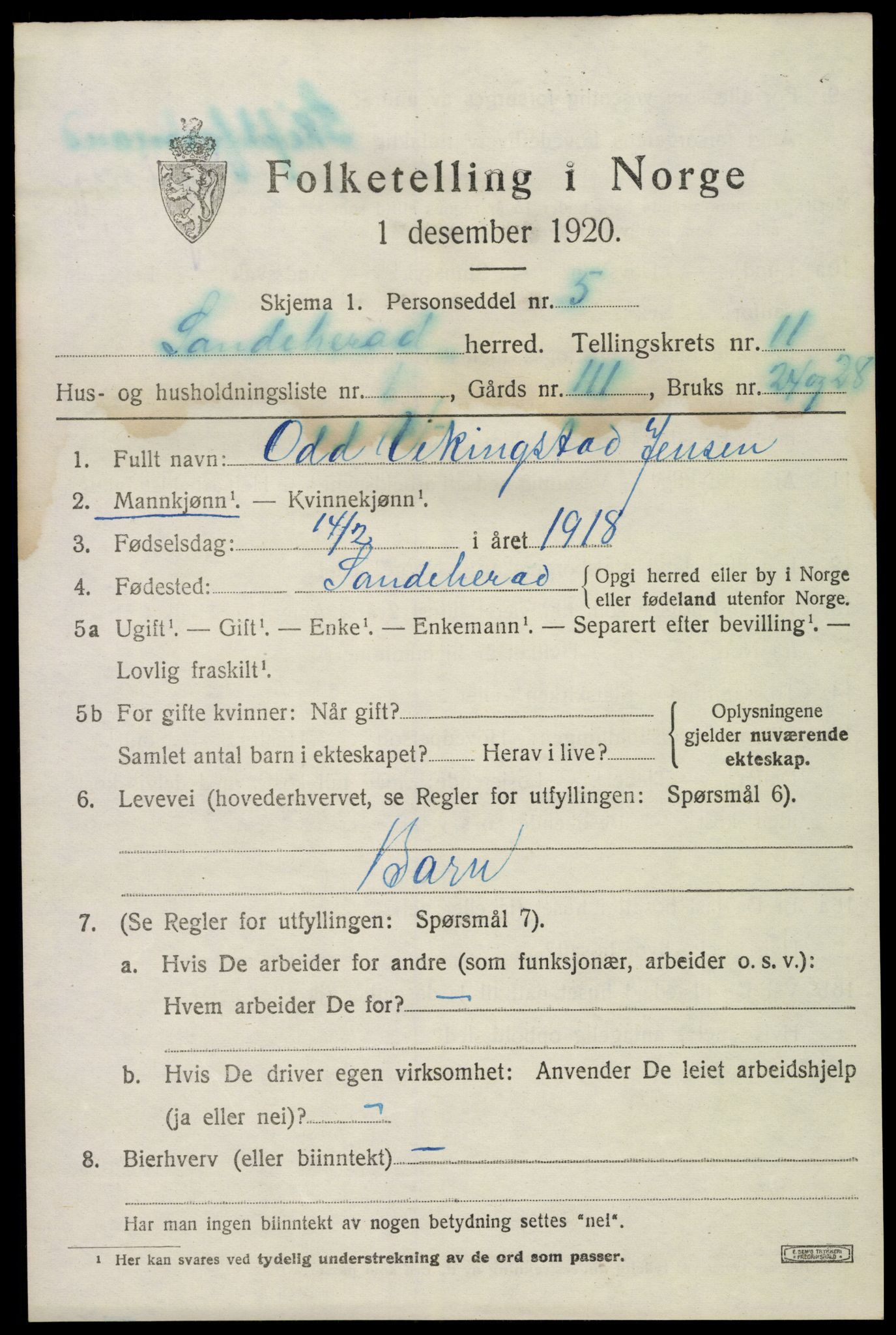 SAKO, 1920 census for Sandeherred, 1920, p. 15550