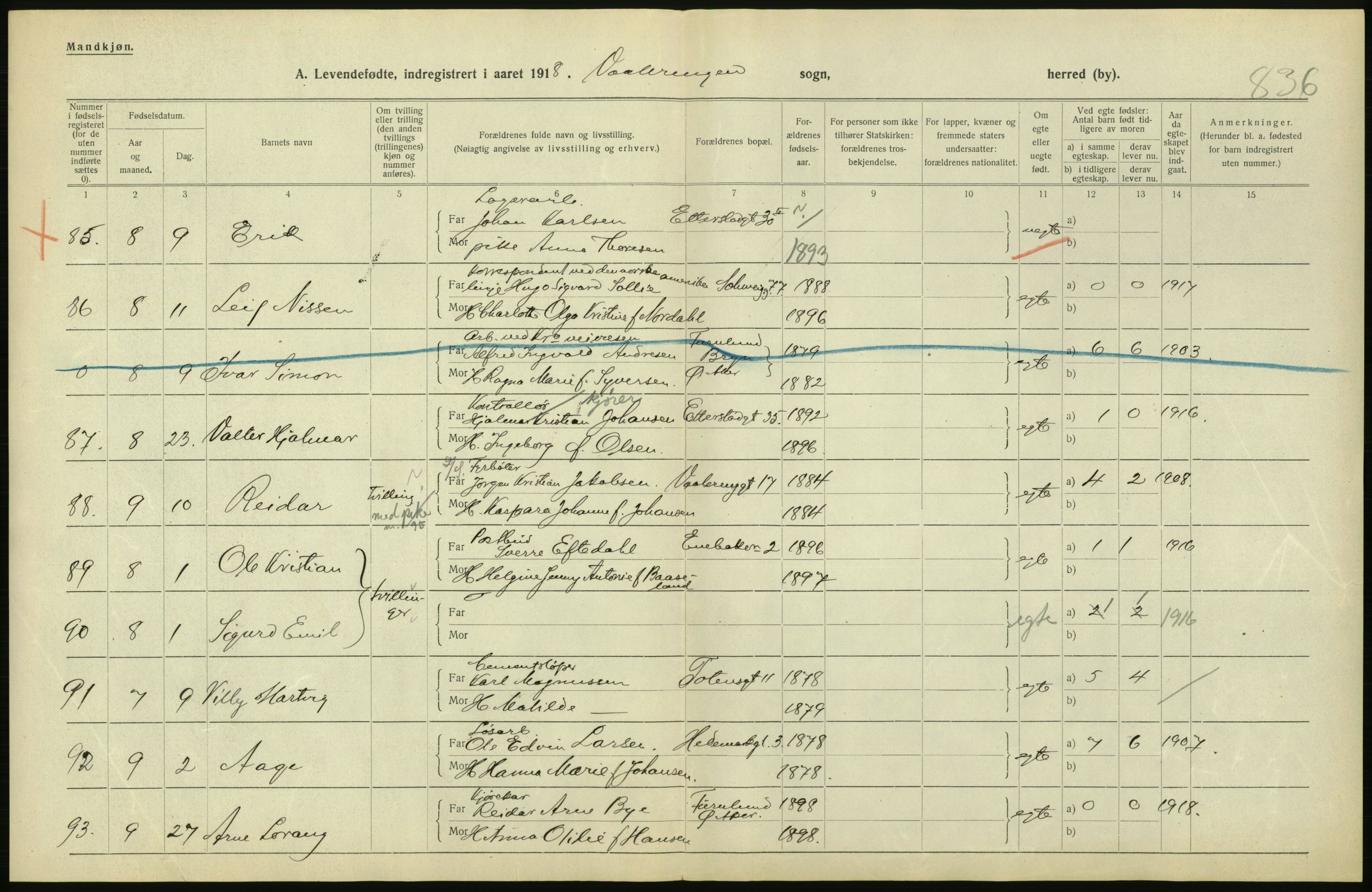 Statistisk sentralbyrå, Sosiodemografiske emner, Befolkning, AV/RA-S-2228/D/Df/Dfb/Dfbh/L0008: Kristiania: Levendefødte menn og kvinner., 1918, p. 382