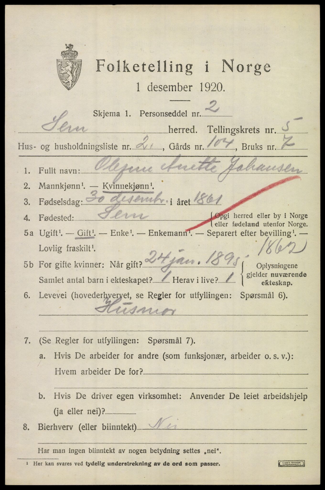 SAKO, 1920 census for Sem, 1920, p. 7855