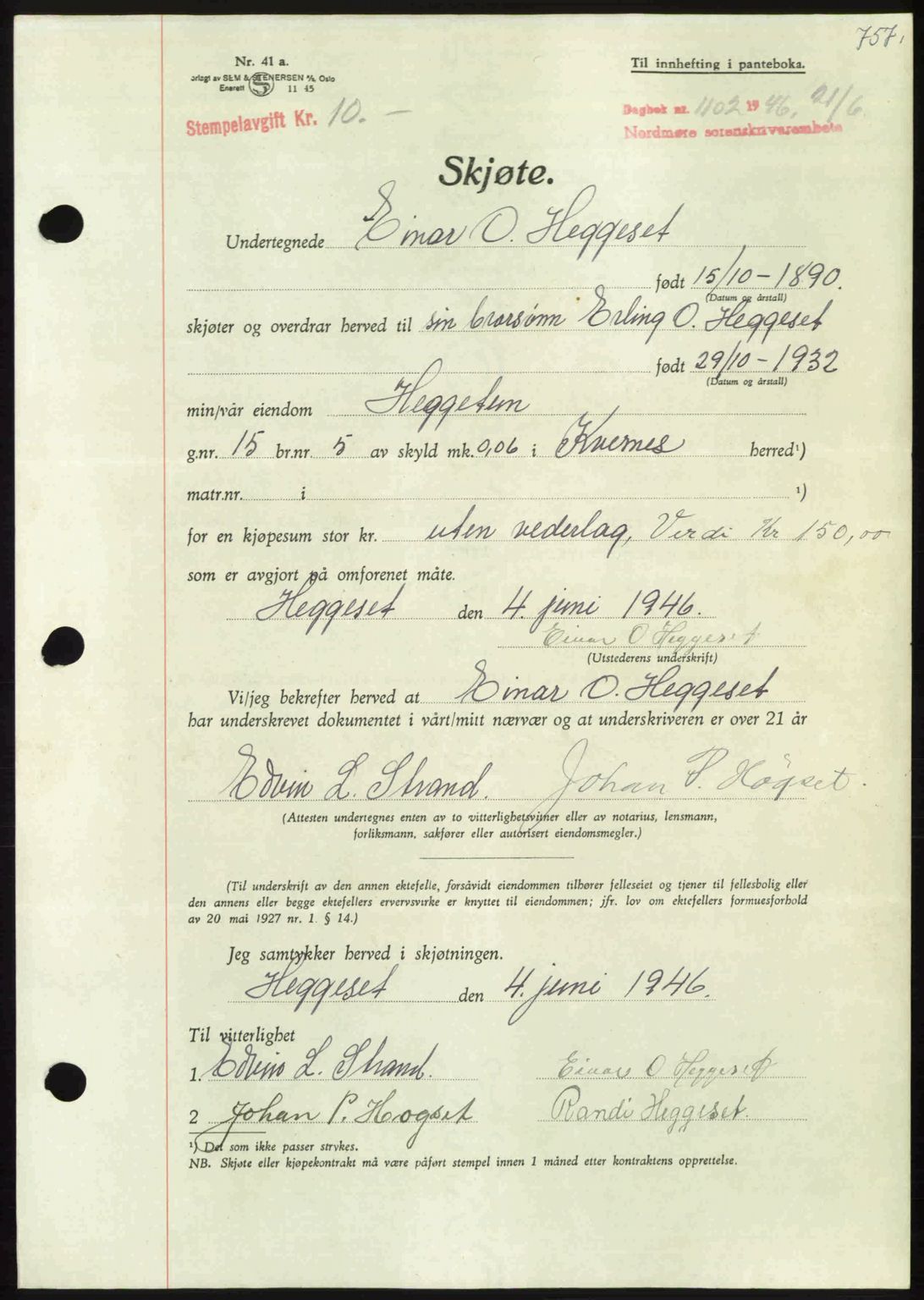 Nordmøre sorenskriveri, AV/SAT-A-4132/1/2/2Ca: Mortgage book no. A101, 1946-1946, Diary no: : 1102/1946