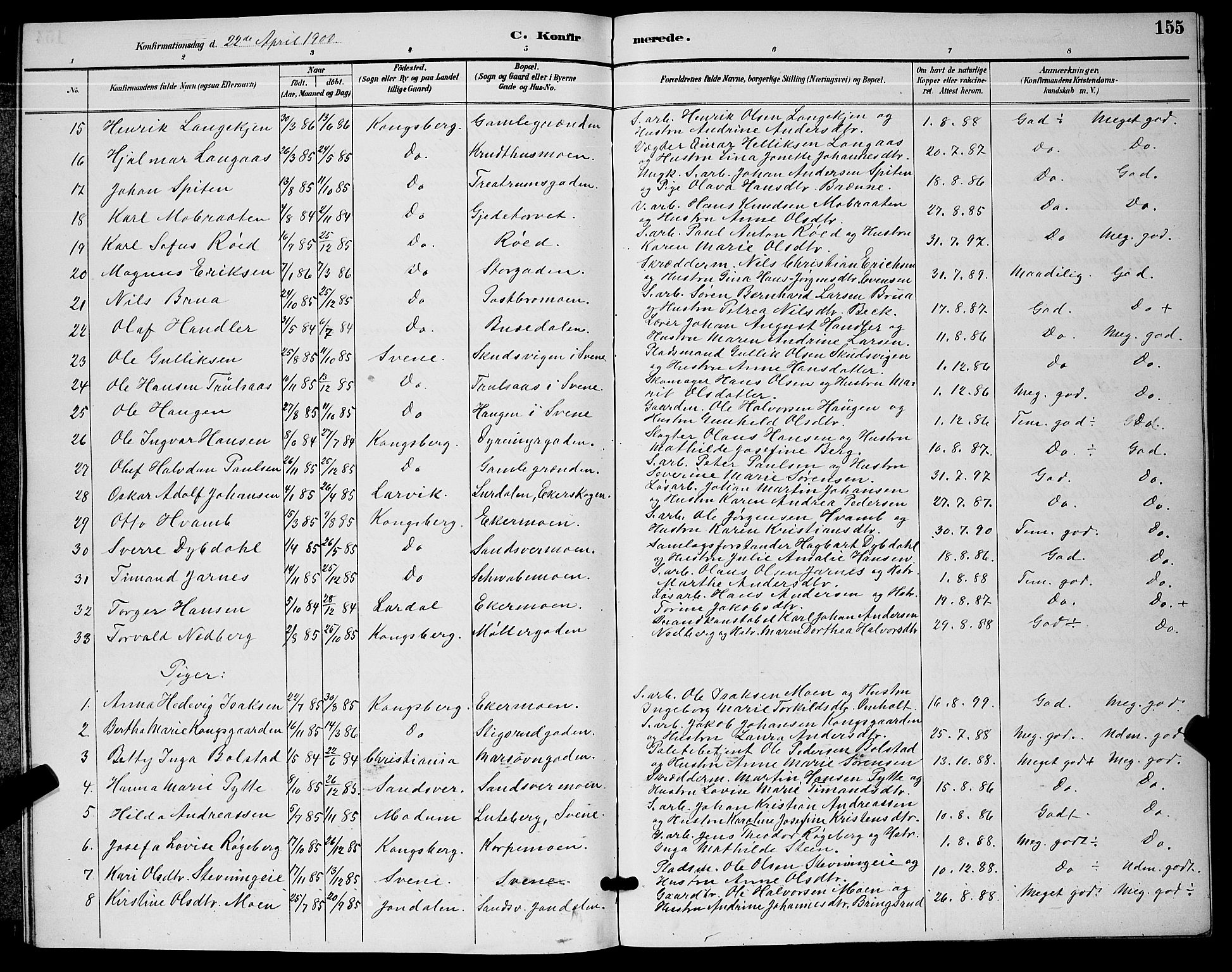 Kongsberg kirkebøker, AV/SAKO-A-22/G/Ga/L0006: Parish register (copy) no. 6, 1890-1901, p. 155