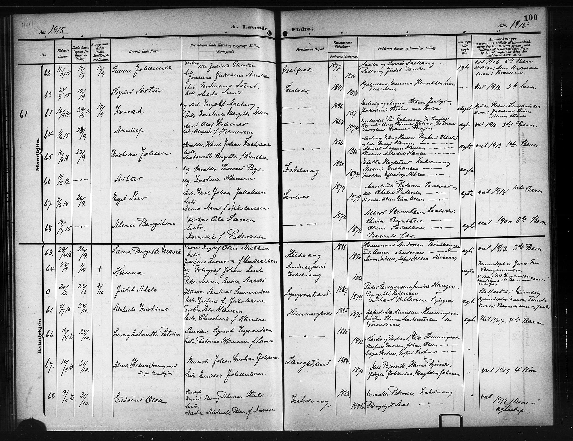 Ministerialprotokoller, klokkerbøker og fødselsregistre - Nordland, AV/SAT-A-1459/874/L1079: Parish register (copy) no. 874C08, 1907-1915, p. 100