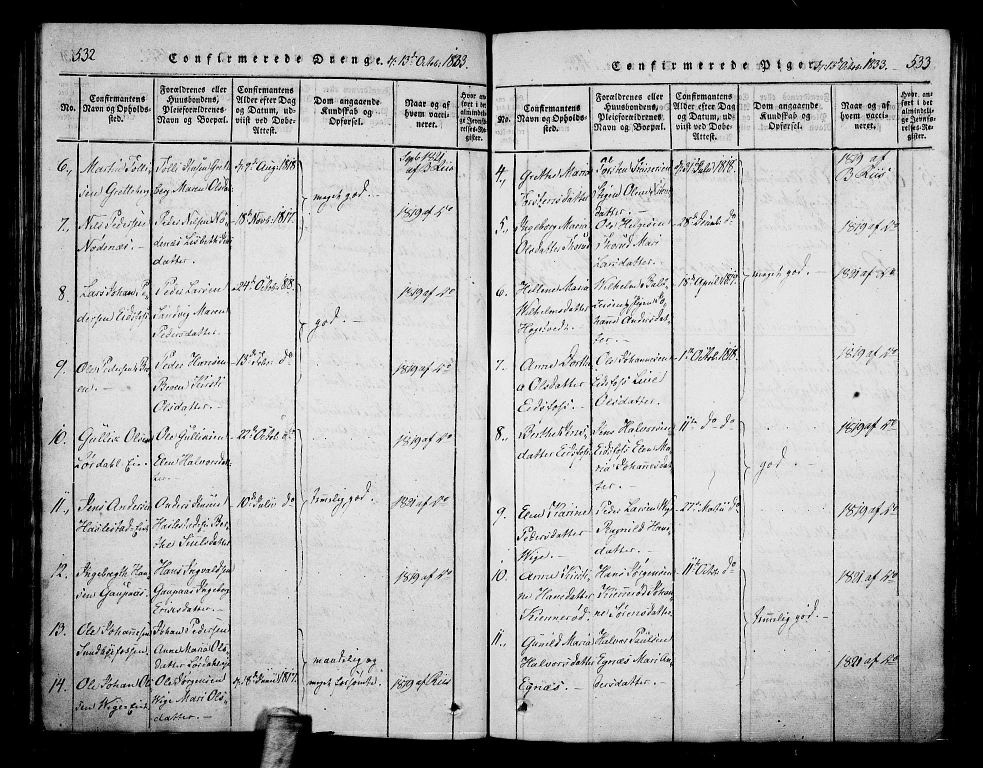 Hof kirkebøker, AV/SAKO-A-64/F/Fa/L0004: Parish register (official) no. I 4, 1814-1843, p. 532-533