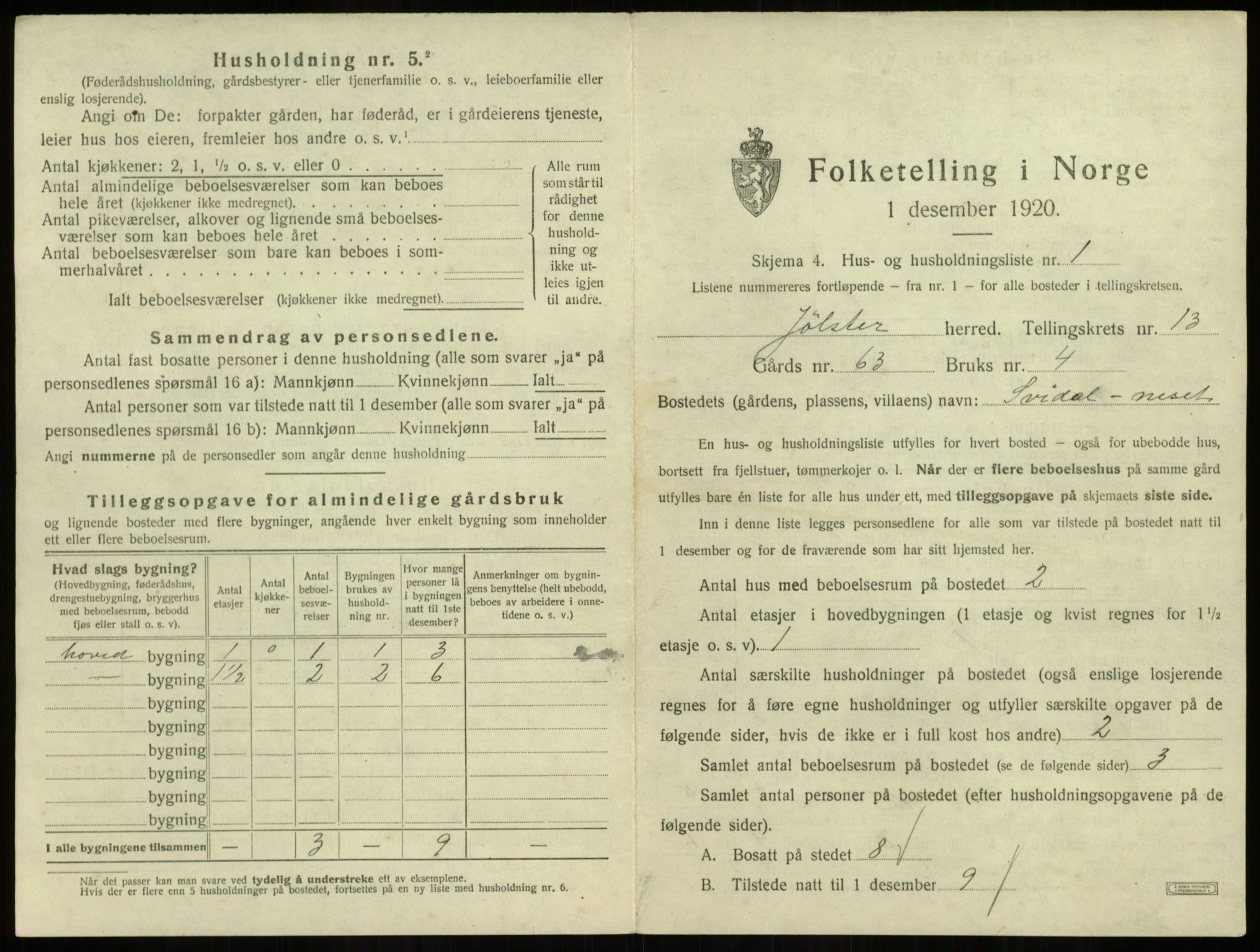 SAB, 1920 census for Jølster, 1920, p. 849