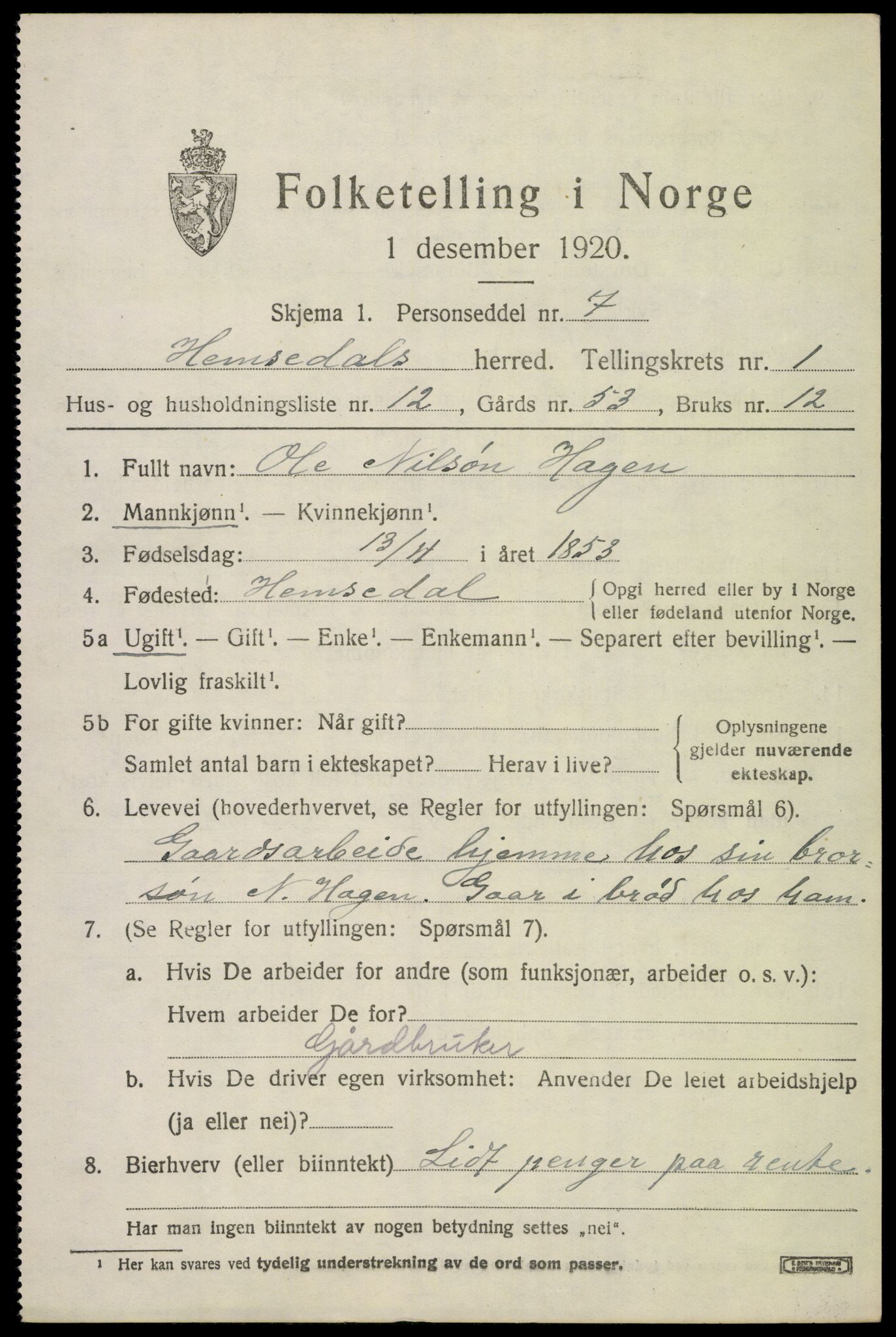 SAKO, 1920 census for Hemsedal, 1920, p. 686