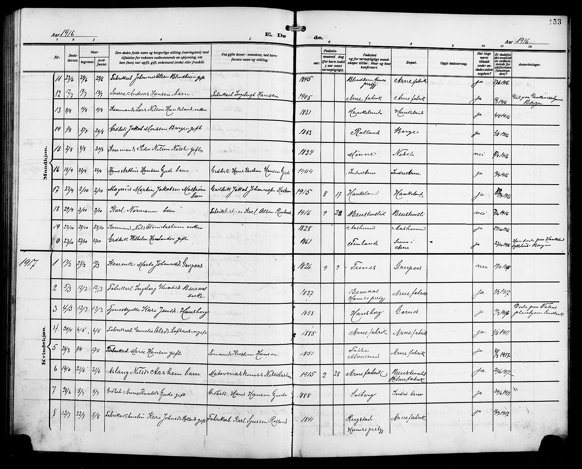 Arna Sokneprestembete, AV/SAB-A-74001/H/Ha/Hab: Parish register (copy) no. A 5, 1911-1921, p. 153