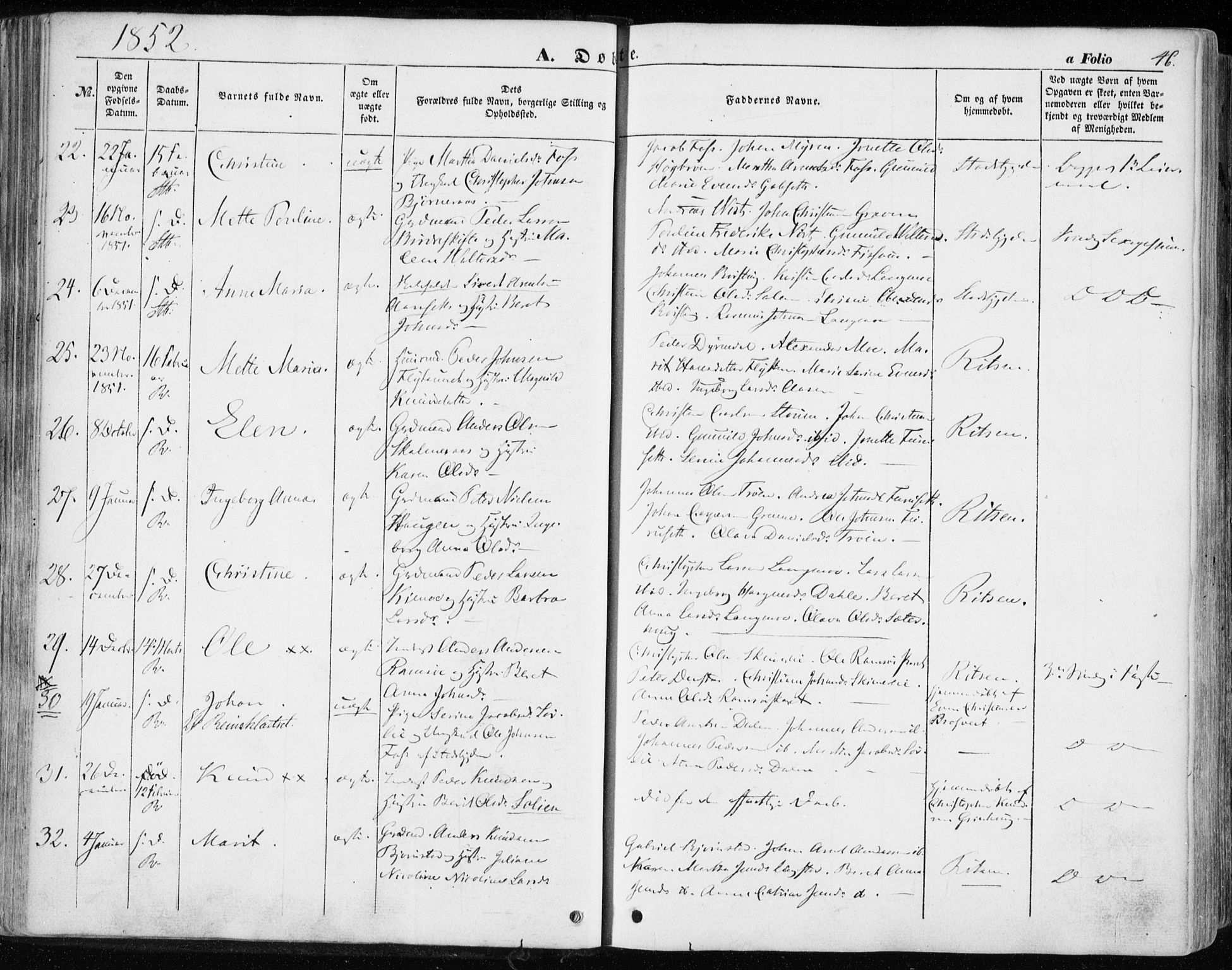 Ministerialprotokoller, klokkerbøker og fødselsregistre - Sør-Trøndelag, SAT/A-1456/646/L0611: Parish register (official) no. 646A09, 1848-1857, p. 46