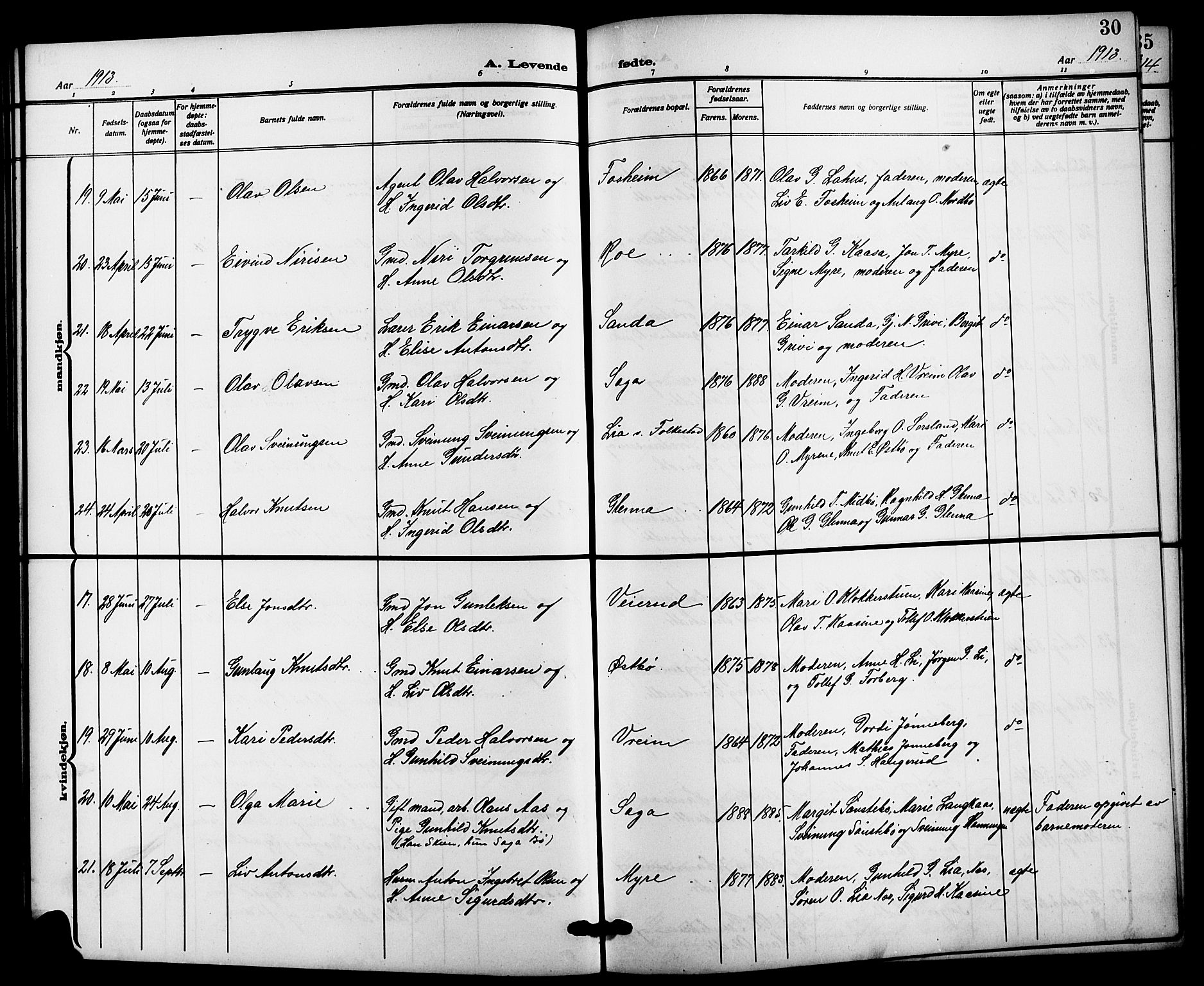 Bø kirkebøker, AV/SAKO-A-257/G/Ga/L0007: Parish register (copy) no. 7, 1909-1924, p. 30