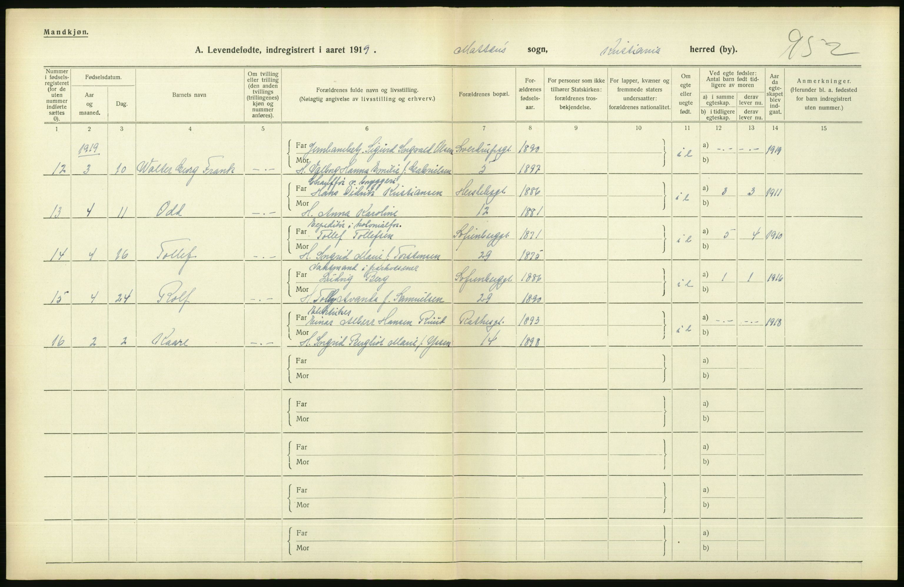 Statistisk sentralbyrå, Sosiodemografiske emner, Befolkning, AV/RA-S-2228/D/Df/Dfb/Dfbi/L0008: Kristiania: Levendefødte menn og kvinner., 1919