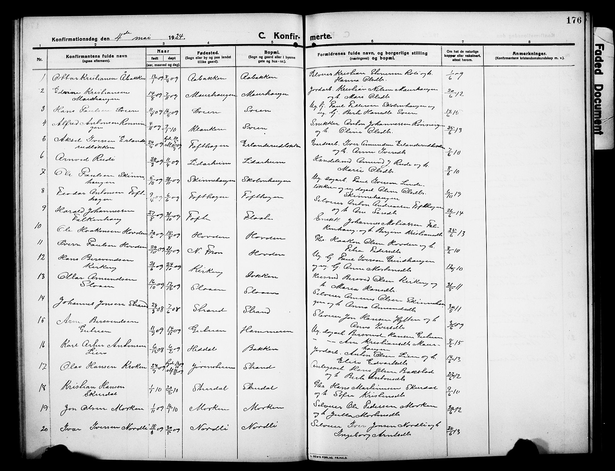 Sør-Fron prestekontor, AV/SAH-PREST-010/H/Ha/Hab/L0005: Parish register (copy) no. 5, 1912-1930, p. 176