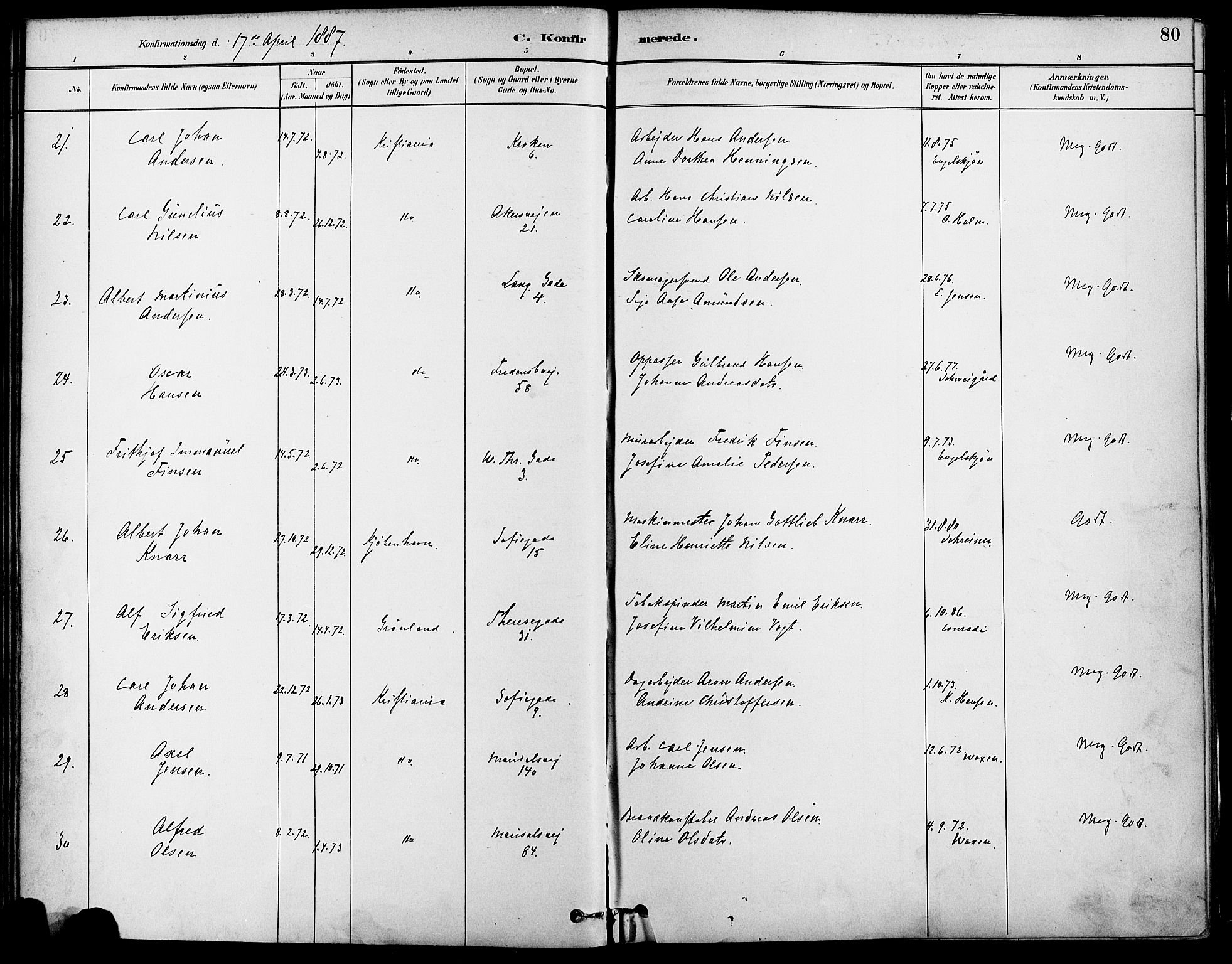 Gamle Aker prestekontor Kirkebøker, SAO/A-10617a/F/L0007: Parish register (official) no. 7, 1882-1890, p. 80
