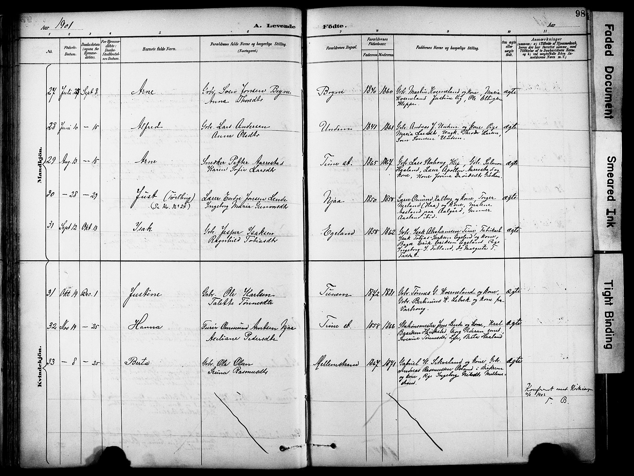 Lye sokneprestkontor, AV/SAST-A-101794/001/30BA/L0011: Parish register (official) no. A 9, 1893-1903, p. 98