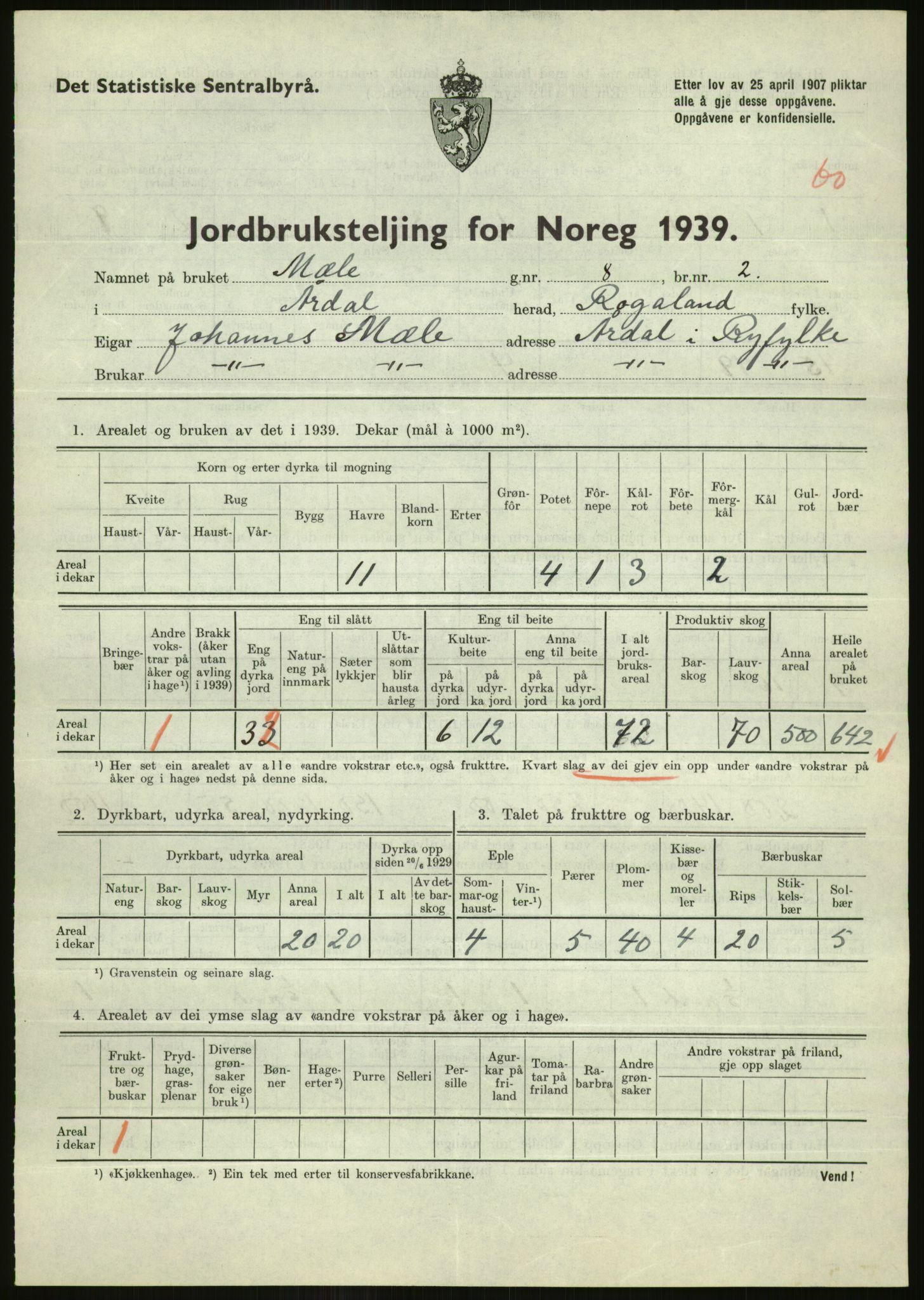 Statistisk sentralbyrå, Næringsøkonomiske emner, Jordbruk, skogbruk, jakt, fiske og fangst, AV/RA-S-2234/G/Gb/L0184: Rogaland: Årdal, Fister og Hjelmeland, 1939, p. 727