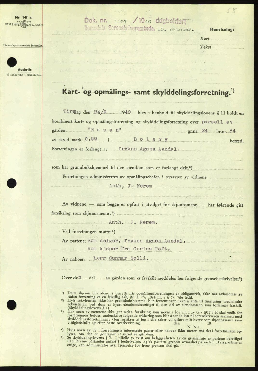 Romsdal sorenskriveri, AV/SAT-A-4149/1/2/2C: Mortgage book no. A8, 1939-1940, Diary no: : 1107/1940