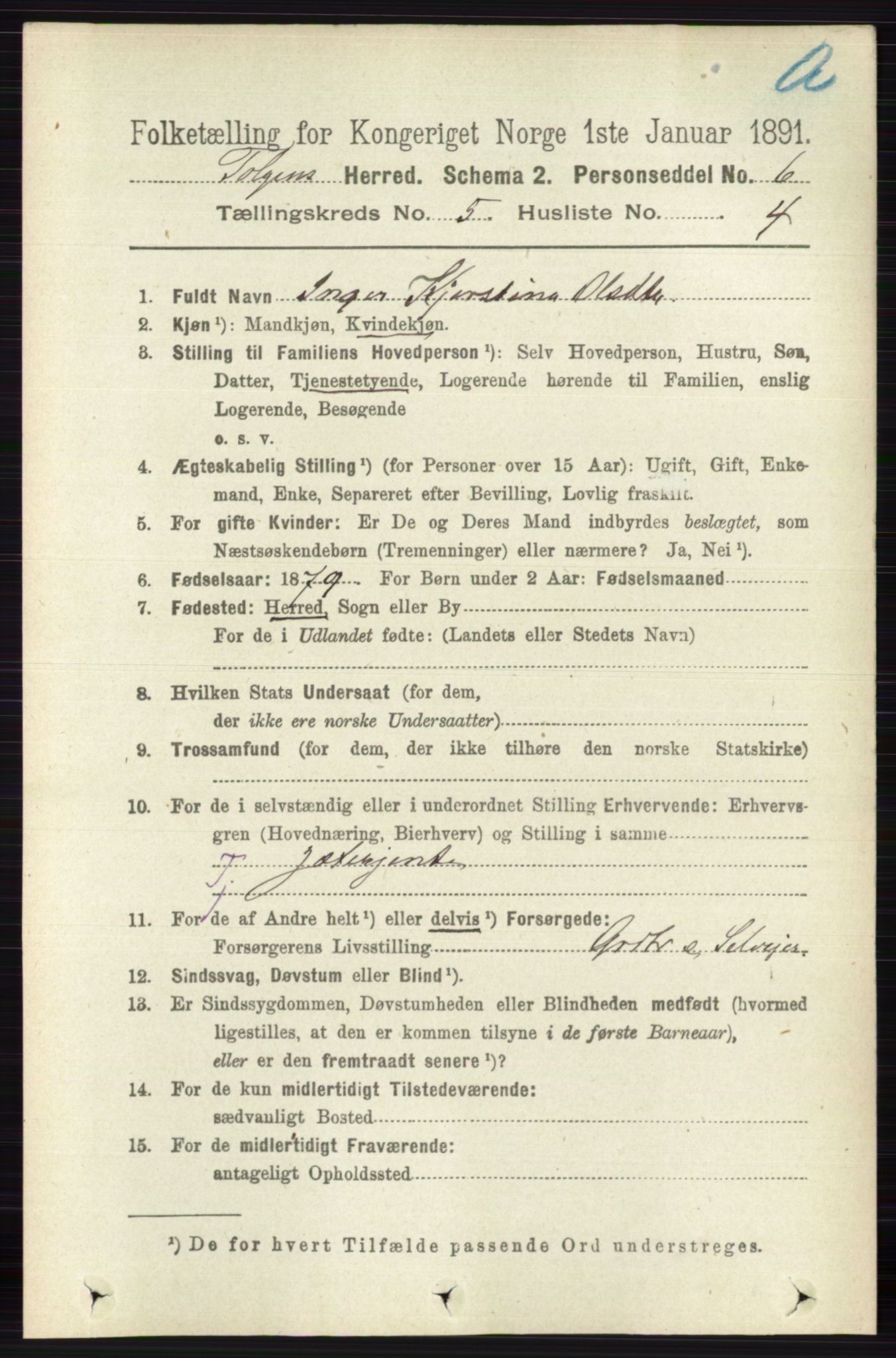 RA, 1891 census for 0436 Tolga, 1891, p. 1322