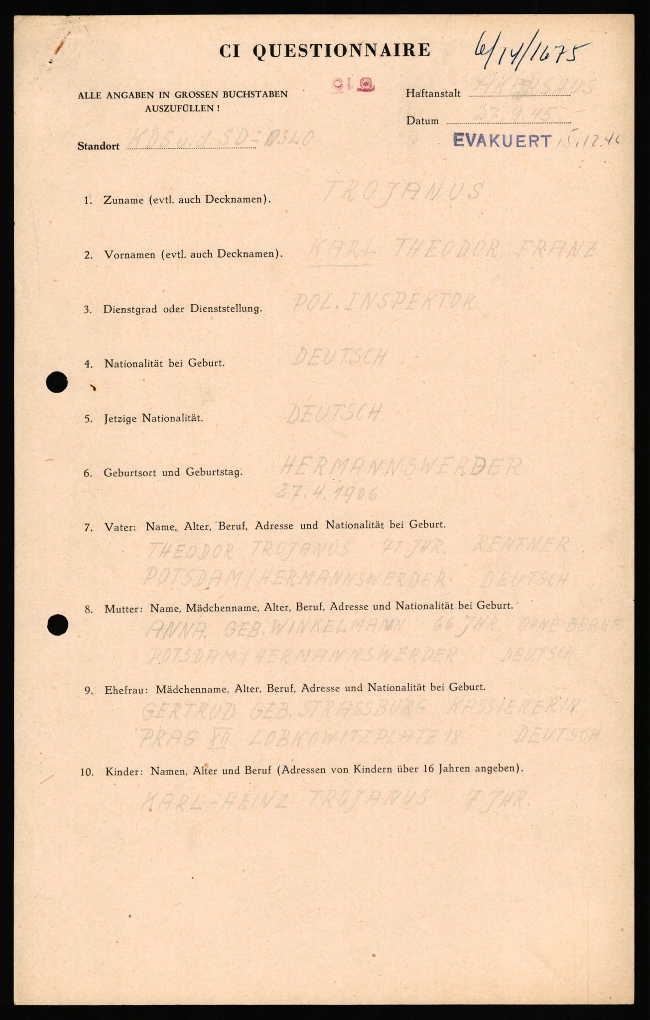 Forsvaret, Forsvarets overkommando II, AV/RA-RAFA-3915/D/Db/L0034: CI Questionaires. Tyske okkupasjonsstyrker i Norge. Tyskere., 1945-1946, p. 98