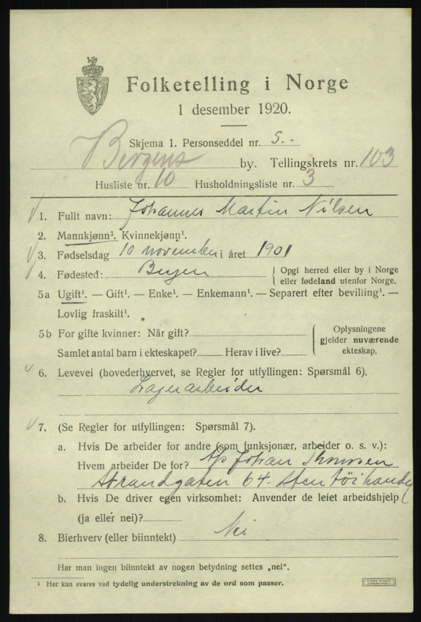 SAB, 1920 census for Bergen, 1920, p. 179778
