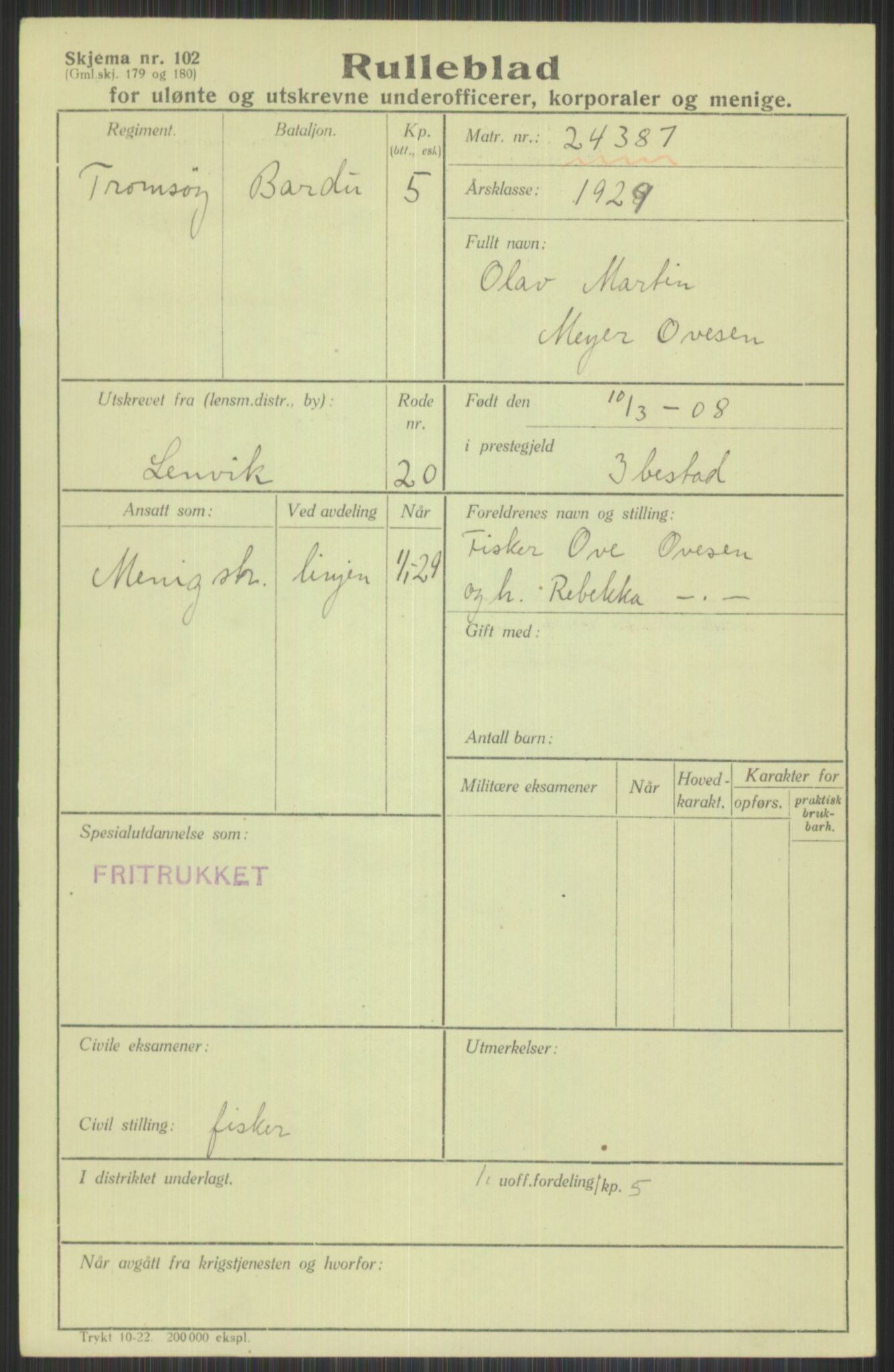 Forsvaret, Troms infanteriregiment nr. 16, AV/RA-RAFA-3146/P/Pa/L0013/0004: Rulleblad / Rulleblad for regimentets menige mannskaper, årsklasse 1929, 1929, p. 1005