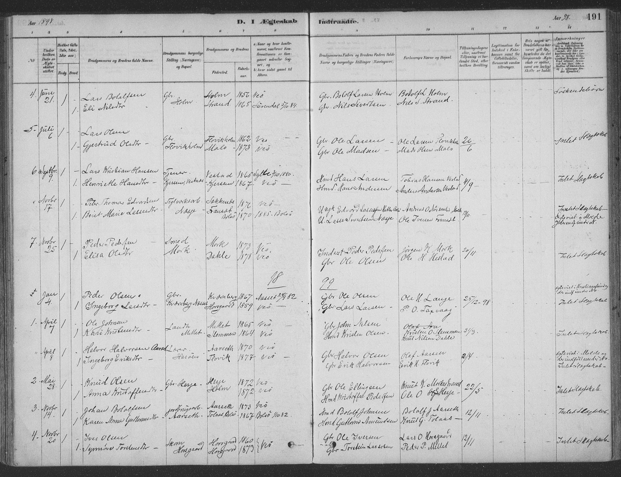 Ministerialprotokoller, klokkerbøker og fødselsregistre - Møre og Romsdal, SAT/A-1454/547/L0604: Parish register (official) no. 547A06, 1878-1906, p. 191