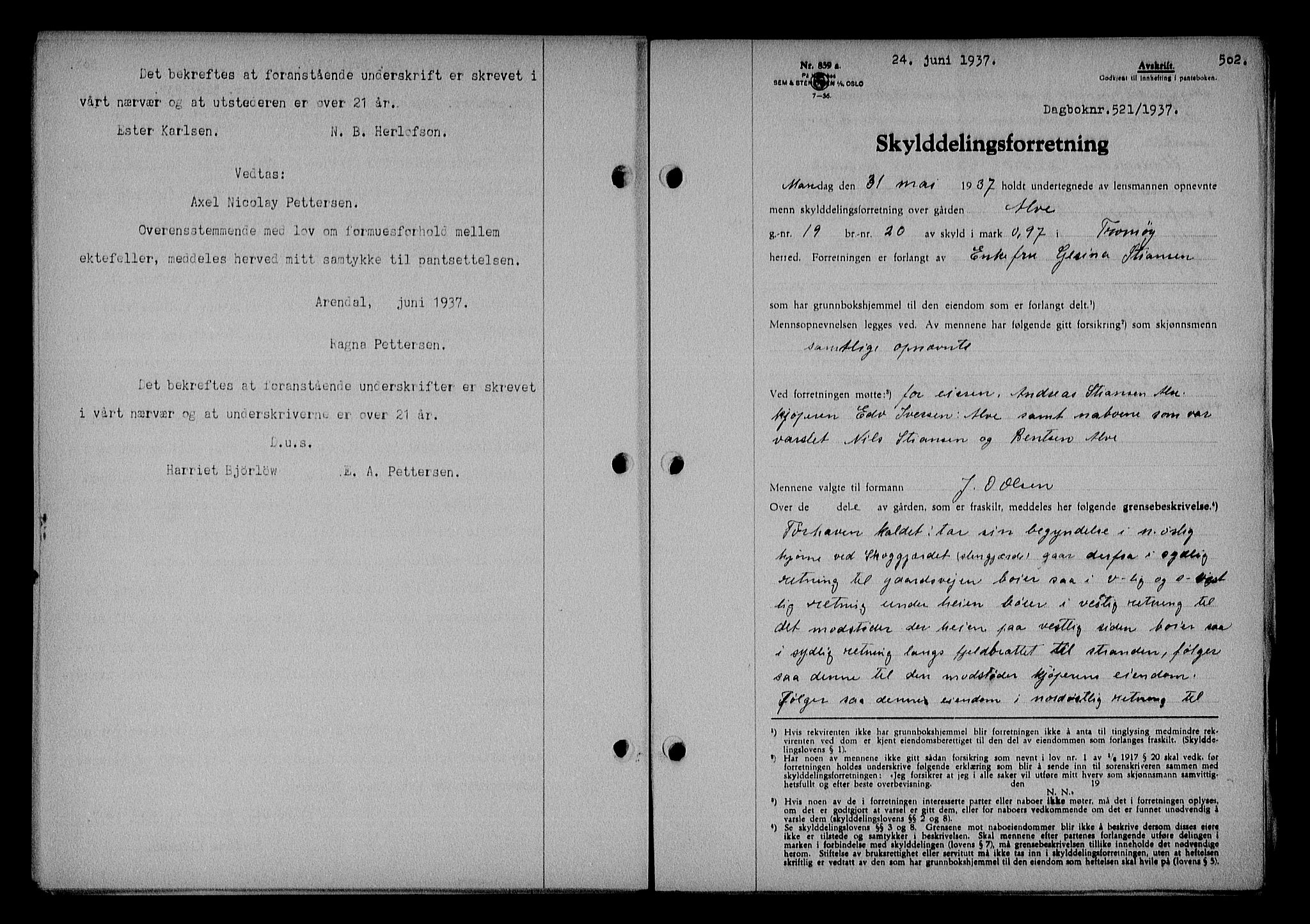 Nedenes sorenskriveri, AV/SAK-1221-0006/G/Gb/Gba/L0043: Mortgage book no. 39, 1936-1937, Diary no: : 521/1937