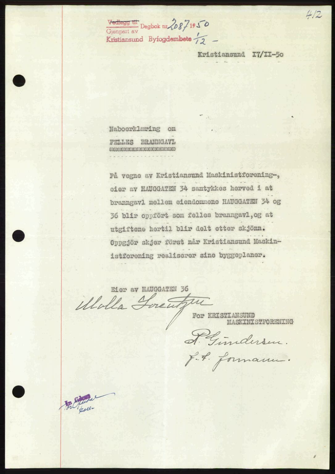 Kristiansund byfogd, AV/SAT-A-4587/A/27: Mortgage book no. 50, 1950-1950, Diary no: : 2087/1950