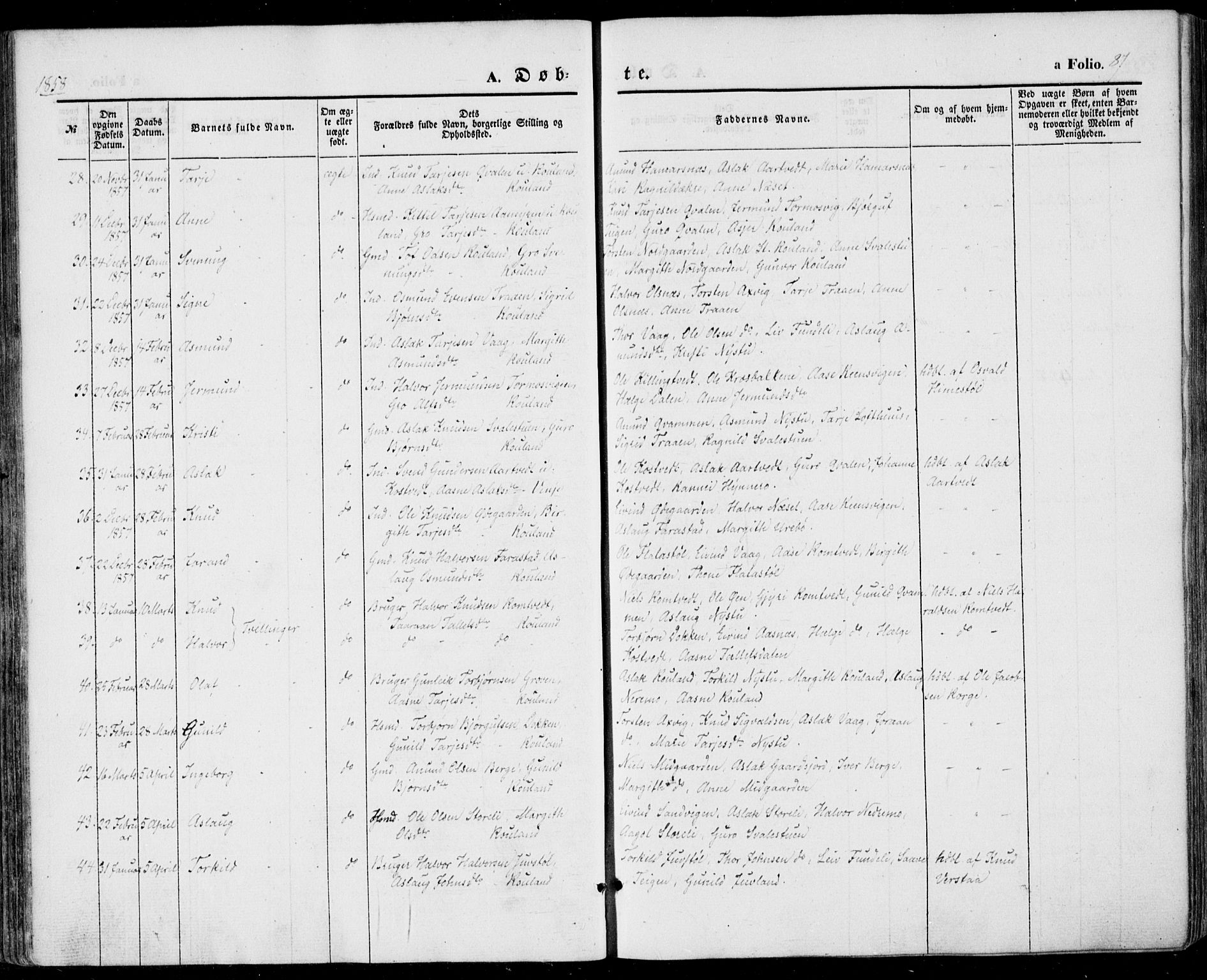 Vinje kirkebøker, AV/SAKO-A-312/F/Fa/L0004: Parish register (official) no. I 4, 1843-1869, p. 87