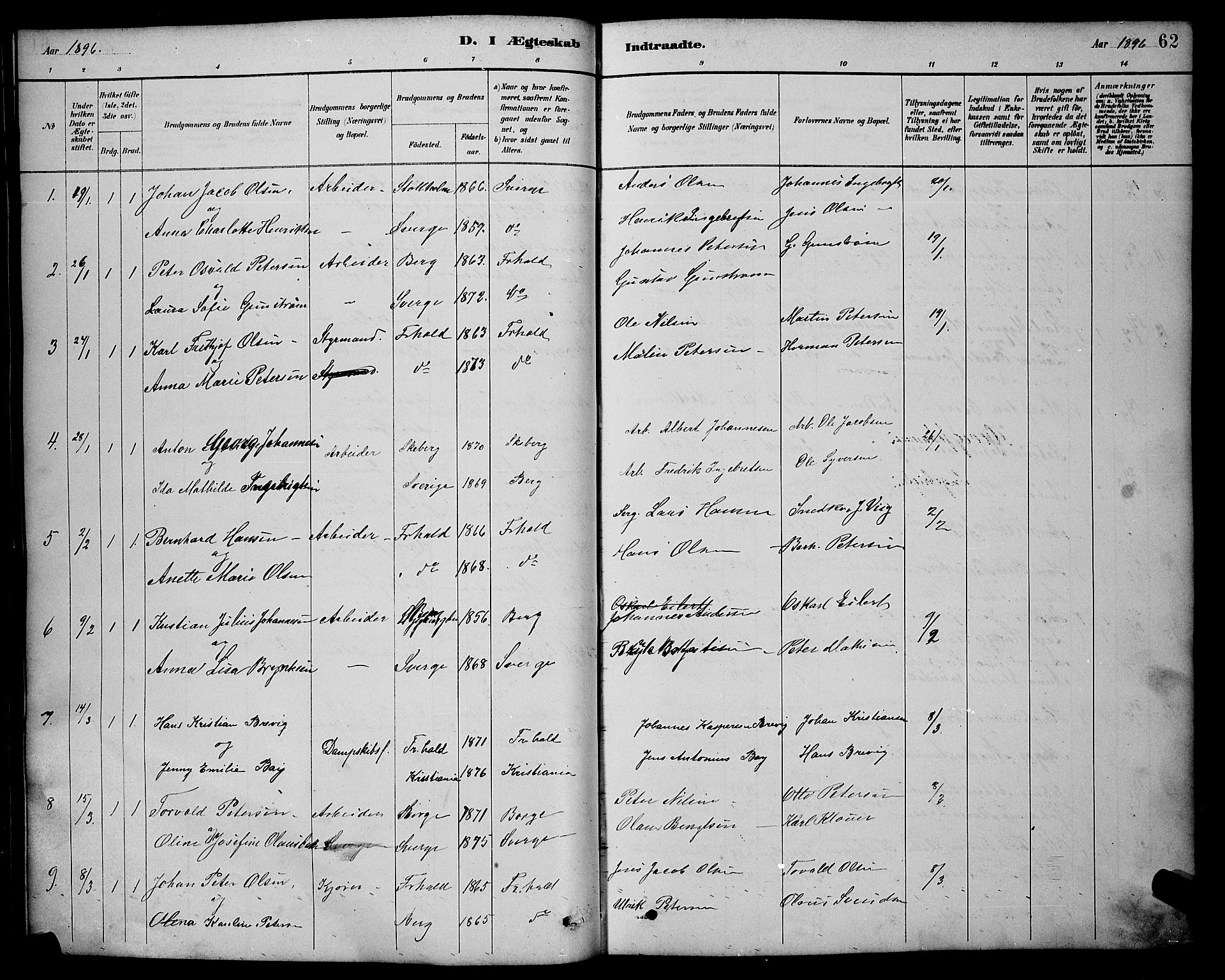 Halden prestekontor Kirkebøker, AV/SAO-A-10909/G/Ga/L0009: Parish register (copy) no. 9, 1885-1908, p. 62