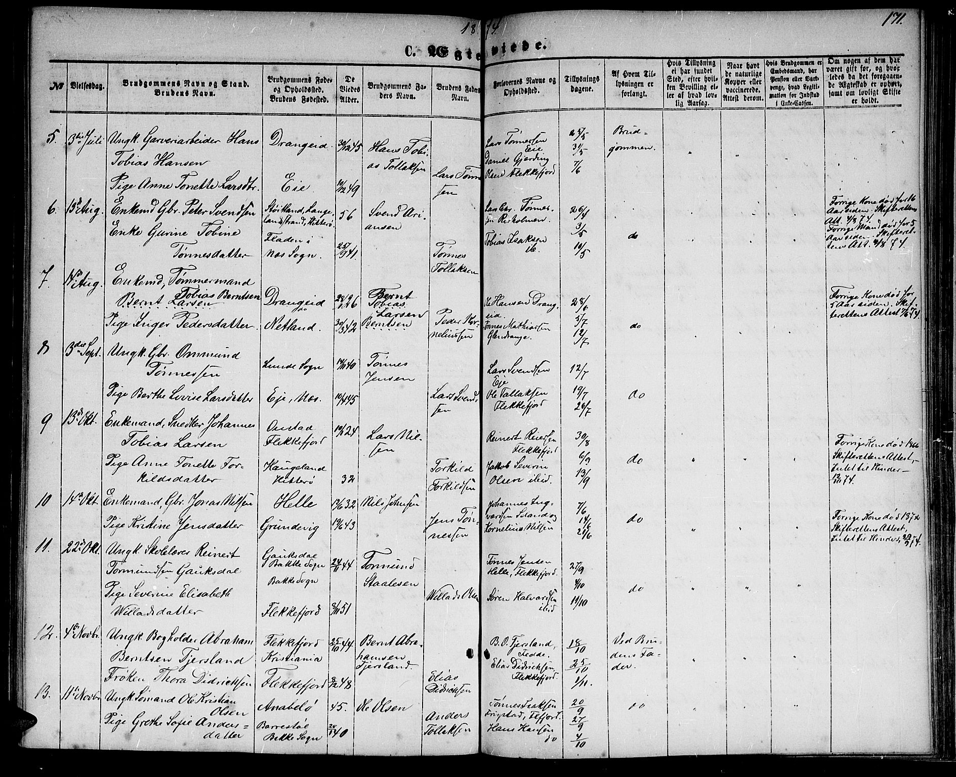 Flekkefjord sokneprestkontor, AV/SAK-1111-0012/F/Fb/Fbc/L0006: Parish register (copy) no. B 6, 1866-1879, p. 171