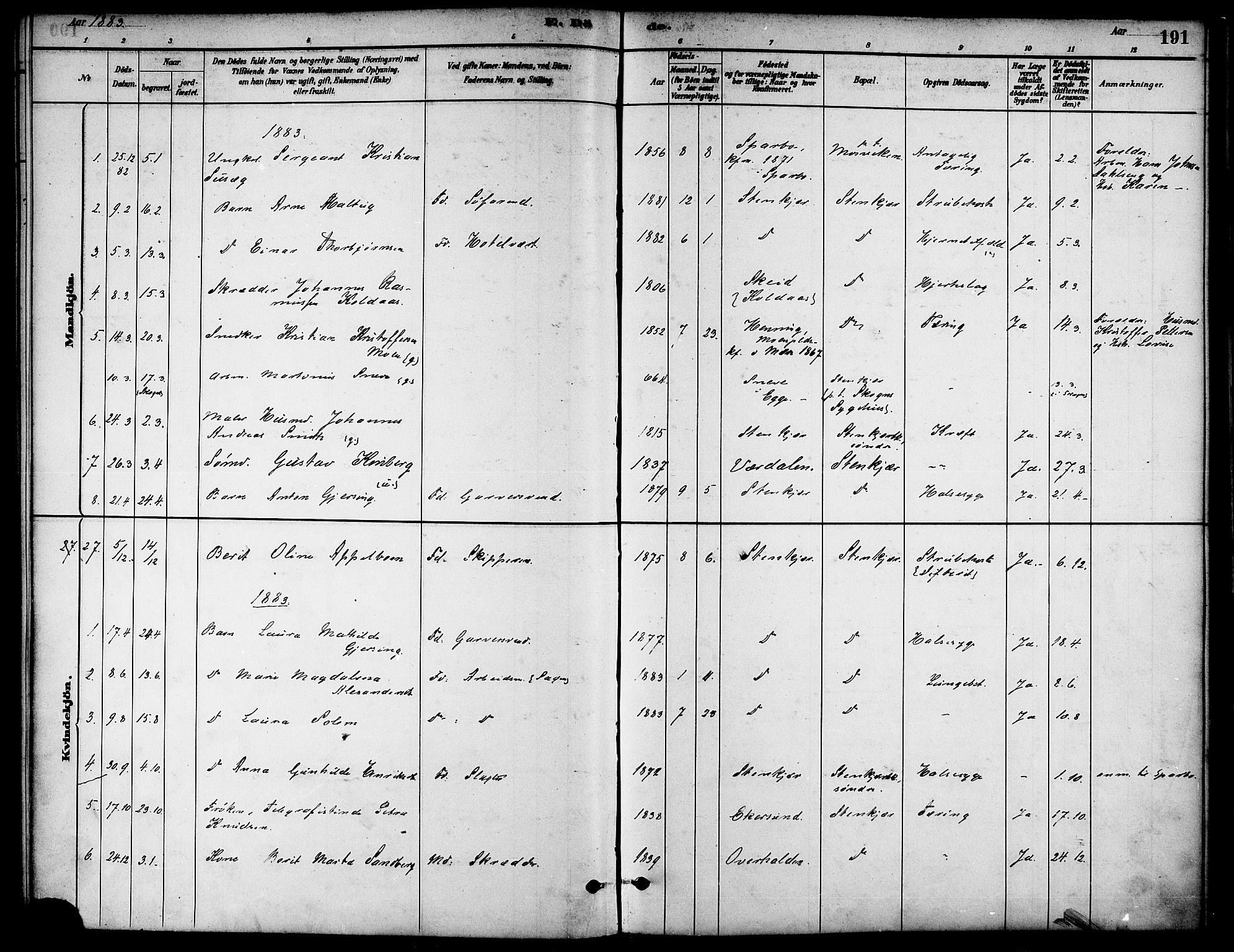 Ministerialprotokoller, klokkerbøker og fødselsregistre - Nord-Trøndelag, SAT/A-1458/739/L0371: Parish register (official) no. 739A03, 1881-1895, p. 191