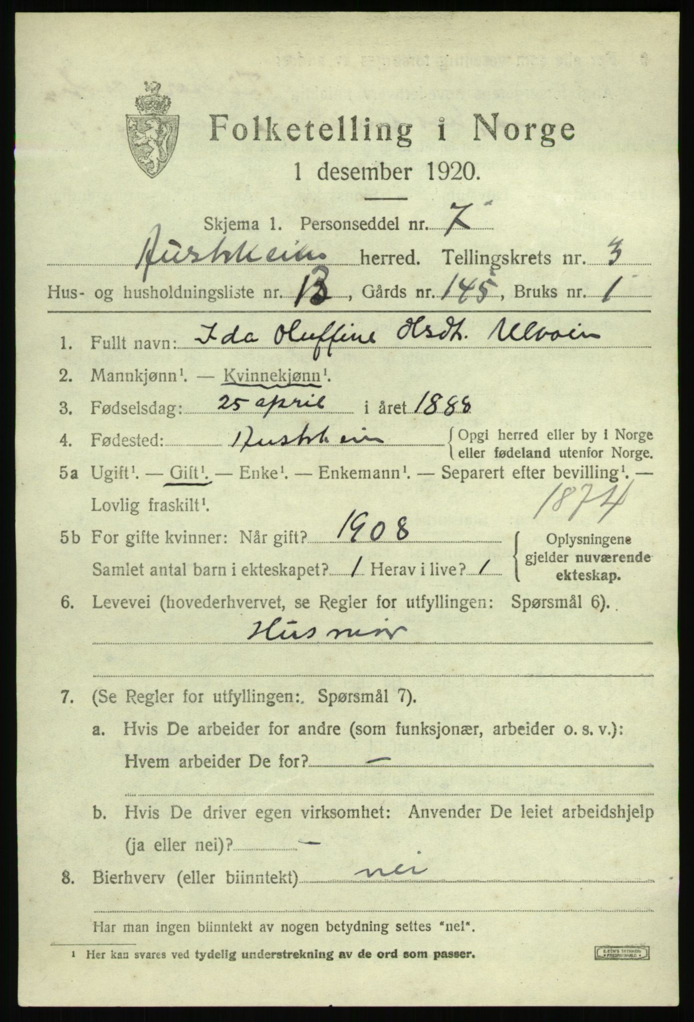 SAB, 1920 census for Austrheim, 1920, p. 1766