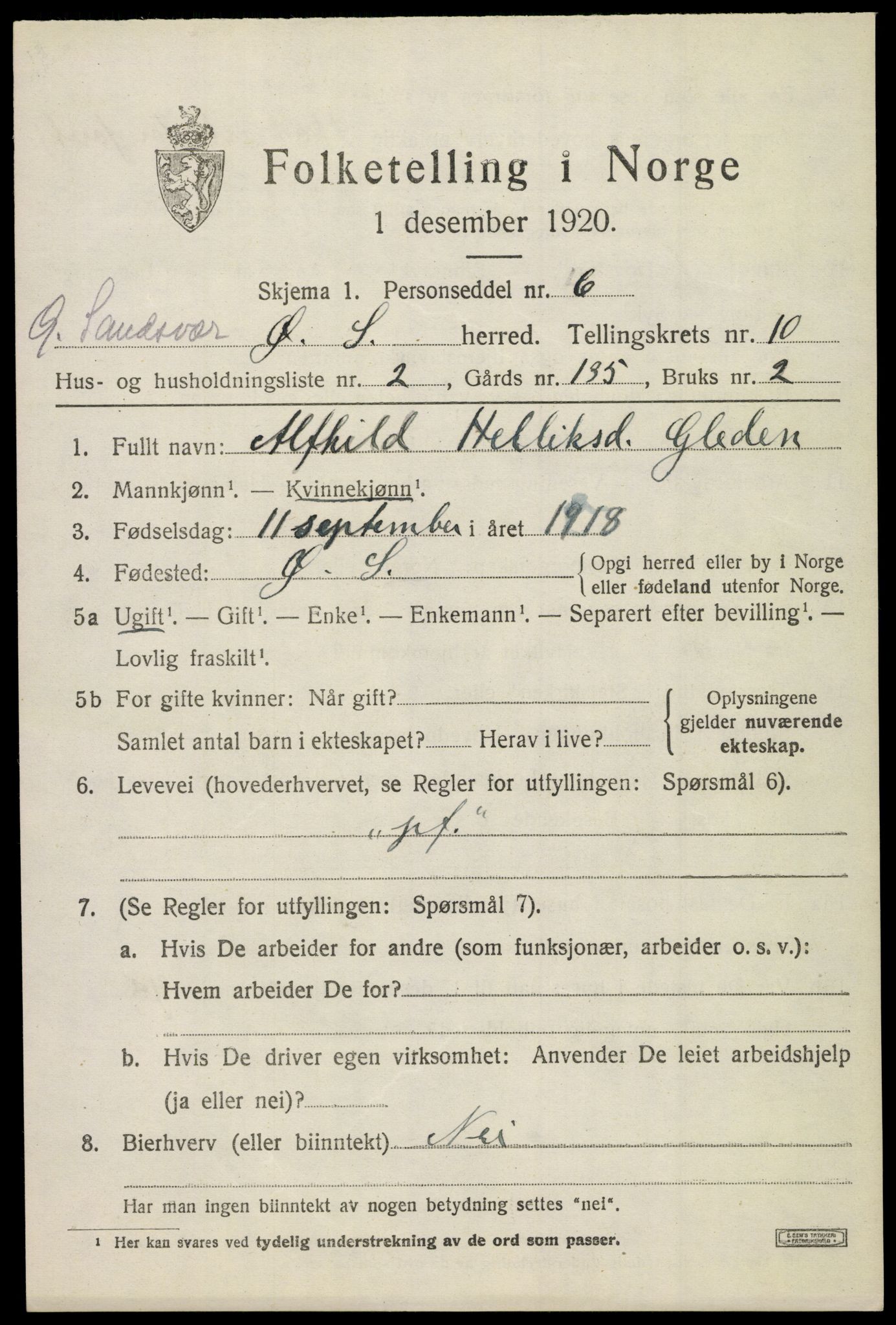 SAKO, 1920 census for Øvre Sandsvær, 1920, p. 5596