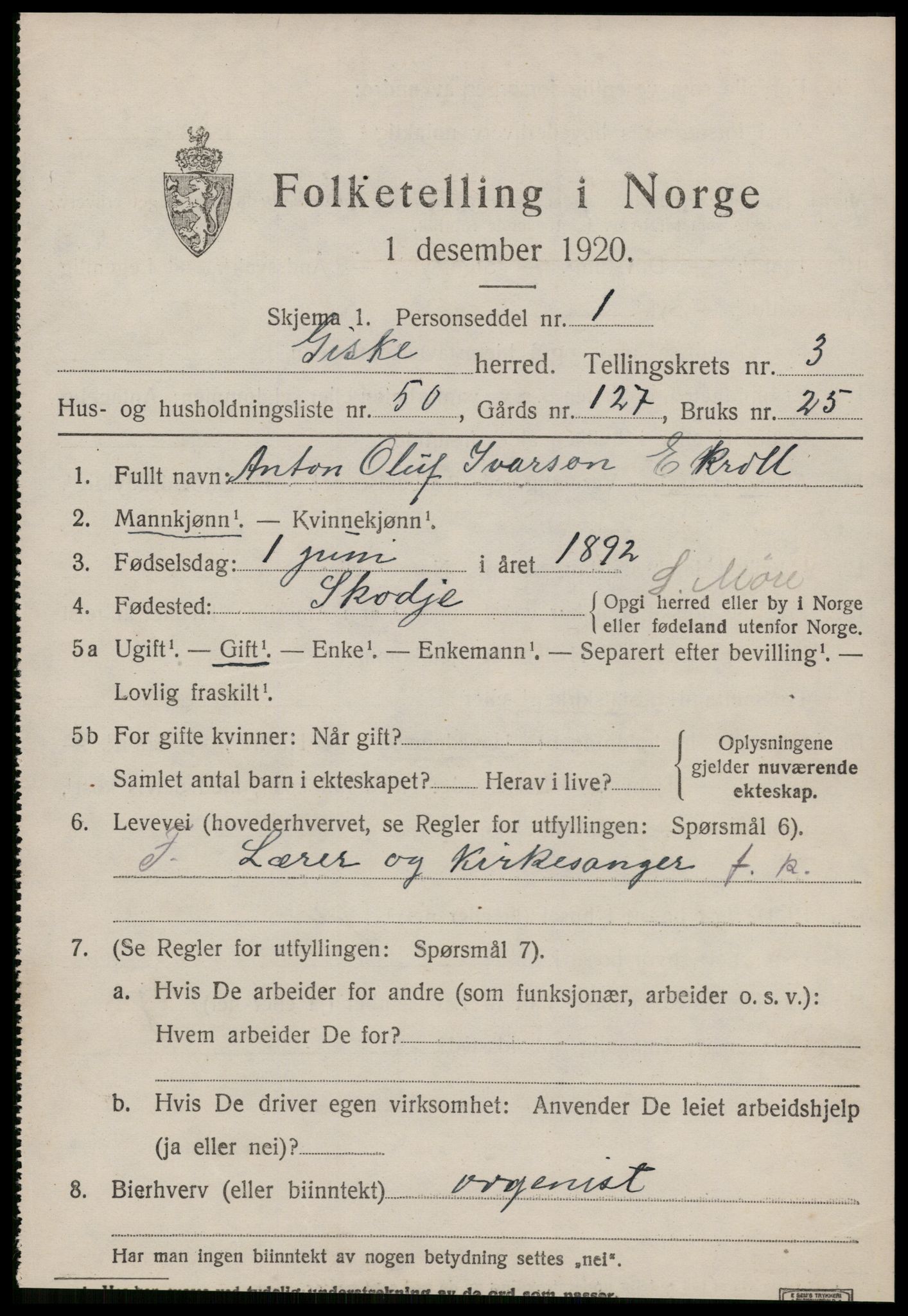 SAT, 1920 census for Giske, 1920, p. 2516