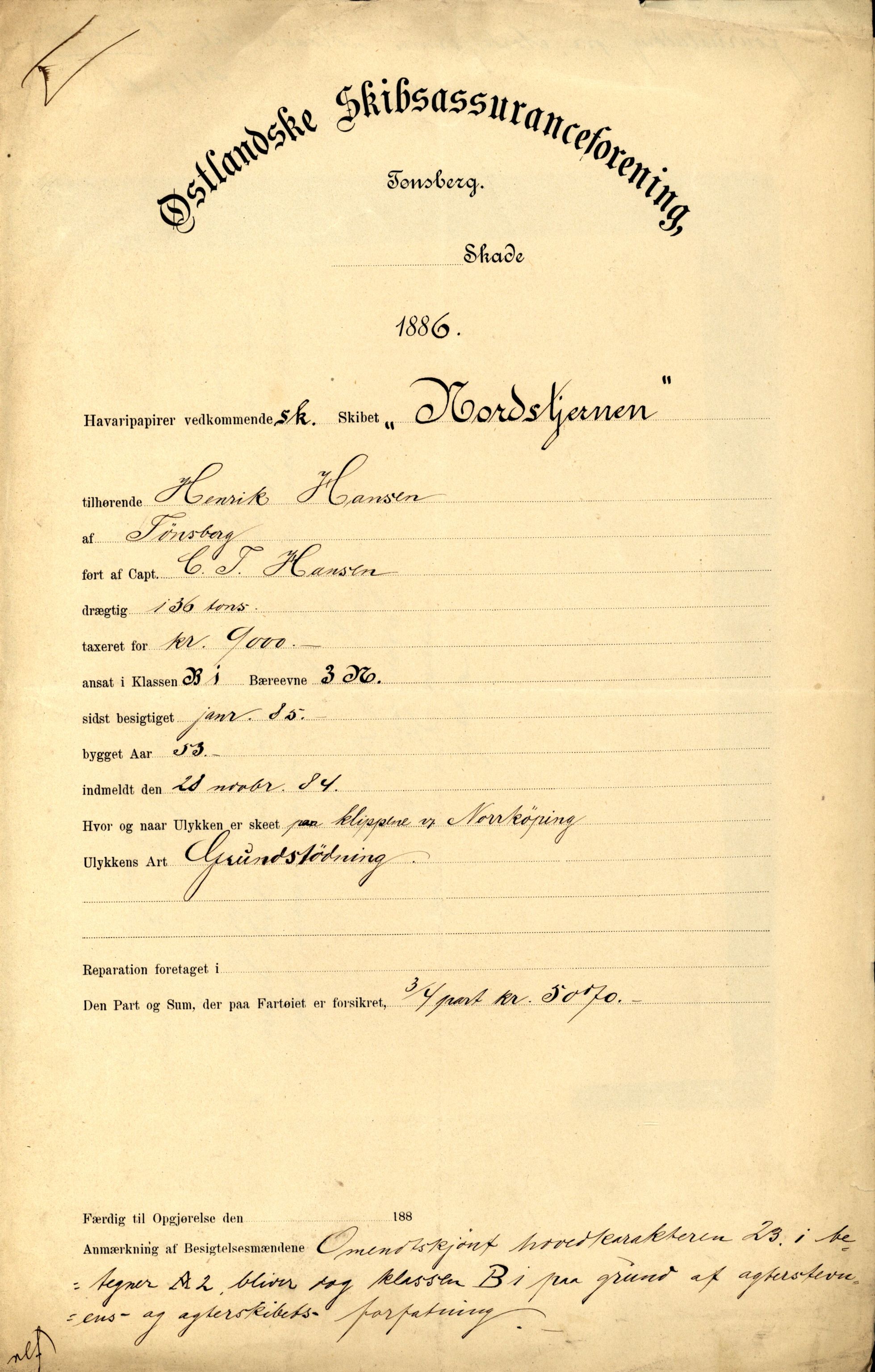 Pa 63 - Østlandske skibsassuranceforening, VEMU/A-1079/G/Ga/L0019/0005: Havaridokumenter / Fridleik, Nordstjernen, Ocean, Olaf Roll, Olaf Kyrre, 1886, p. 6