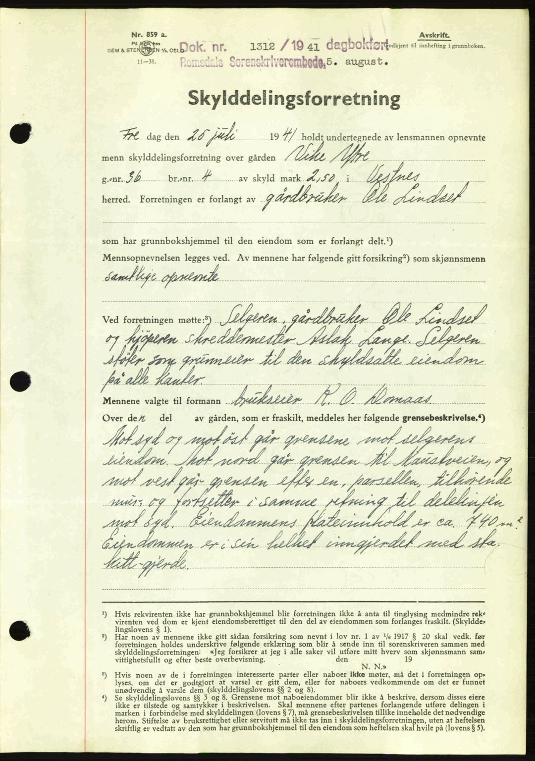 Romsdal sorenskriveri, AV/SAT-A-4149/1/2/2C: Mortgage book no. A10, 1941-1941, Diary no: : 1312/1941