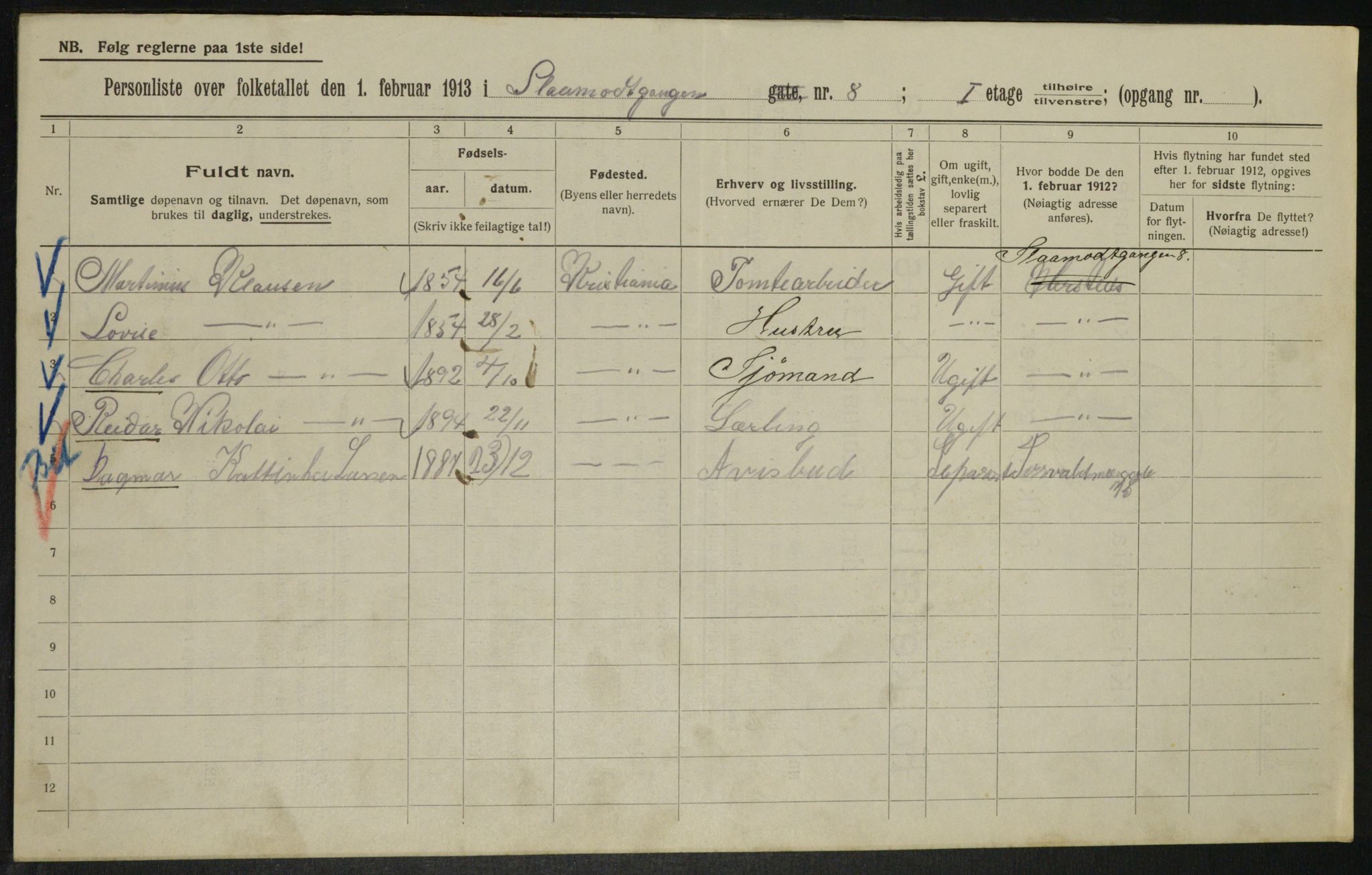 OBA, Municipal Census 1913 for Kristiania, 1913, p. 96991