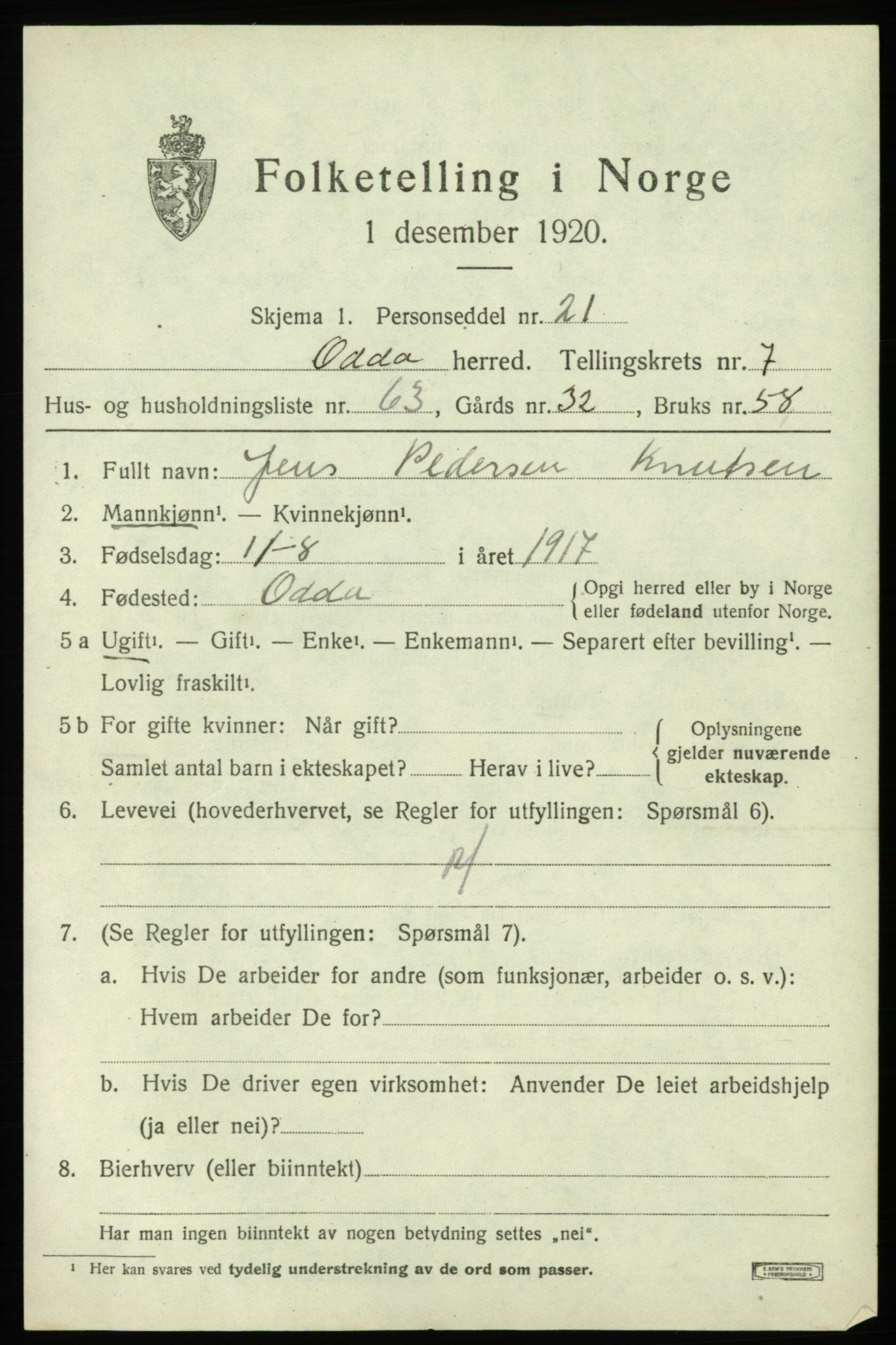 SAB, 1920 census for Odda, 1920, p. 6655