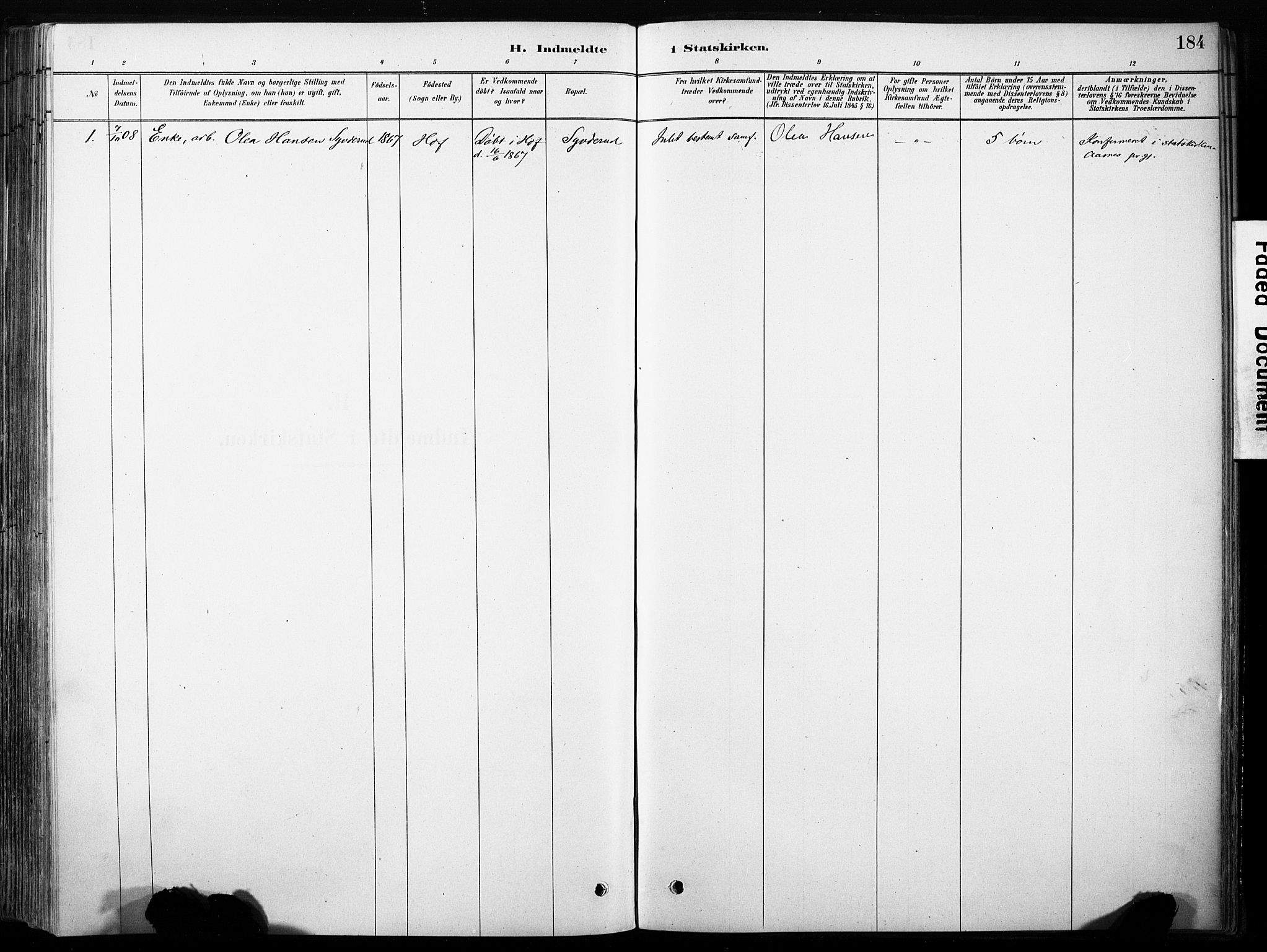 Hof prestekontor, SAH/PREST-038/H/Ha/Haa/L0011: Parish register (official) no. 11, 1879-1911, p. 184
