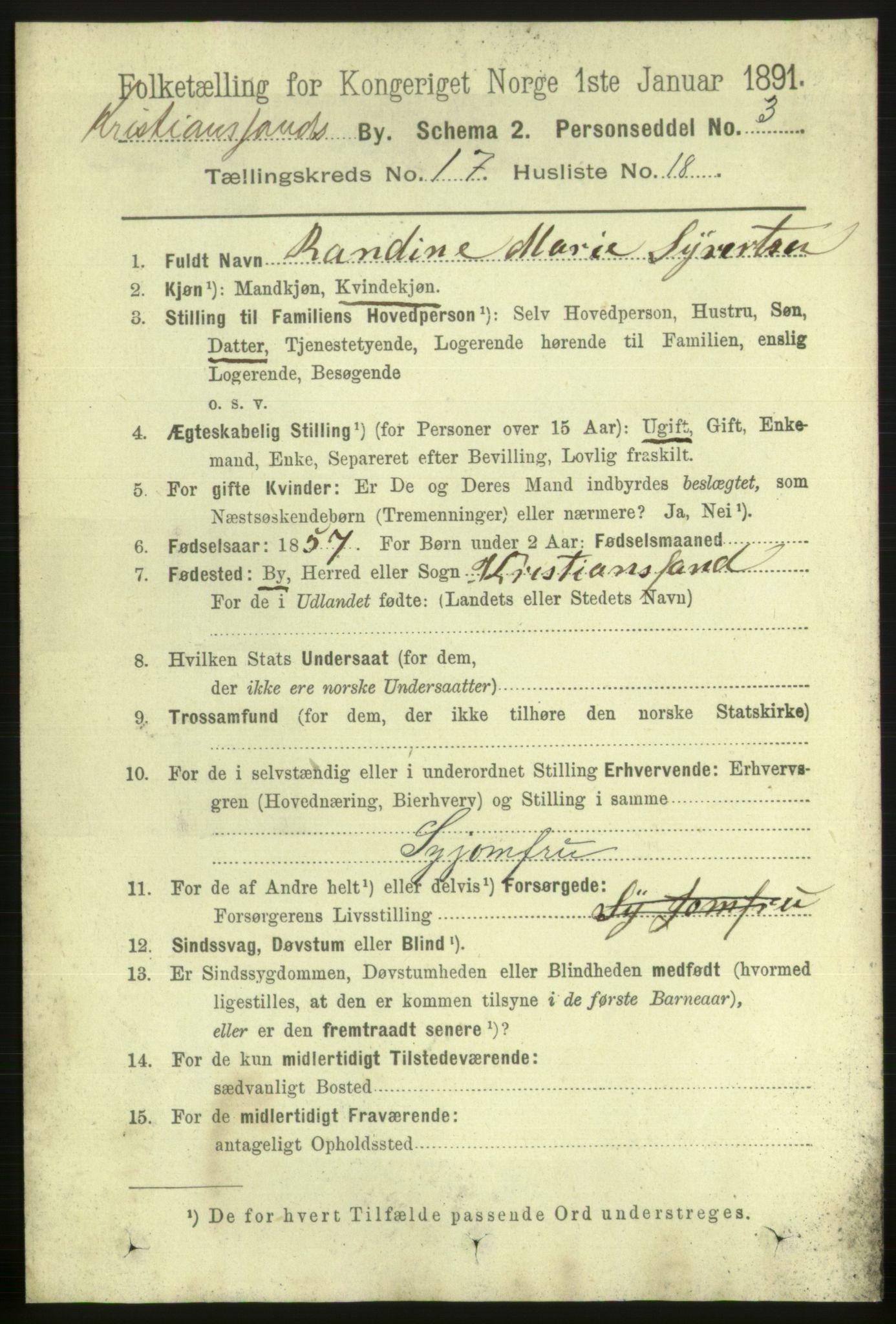 RA, 1891 census for 1001 Kristiansand, 1891, p. 6893