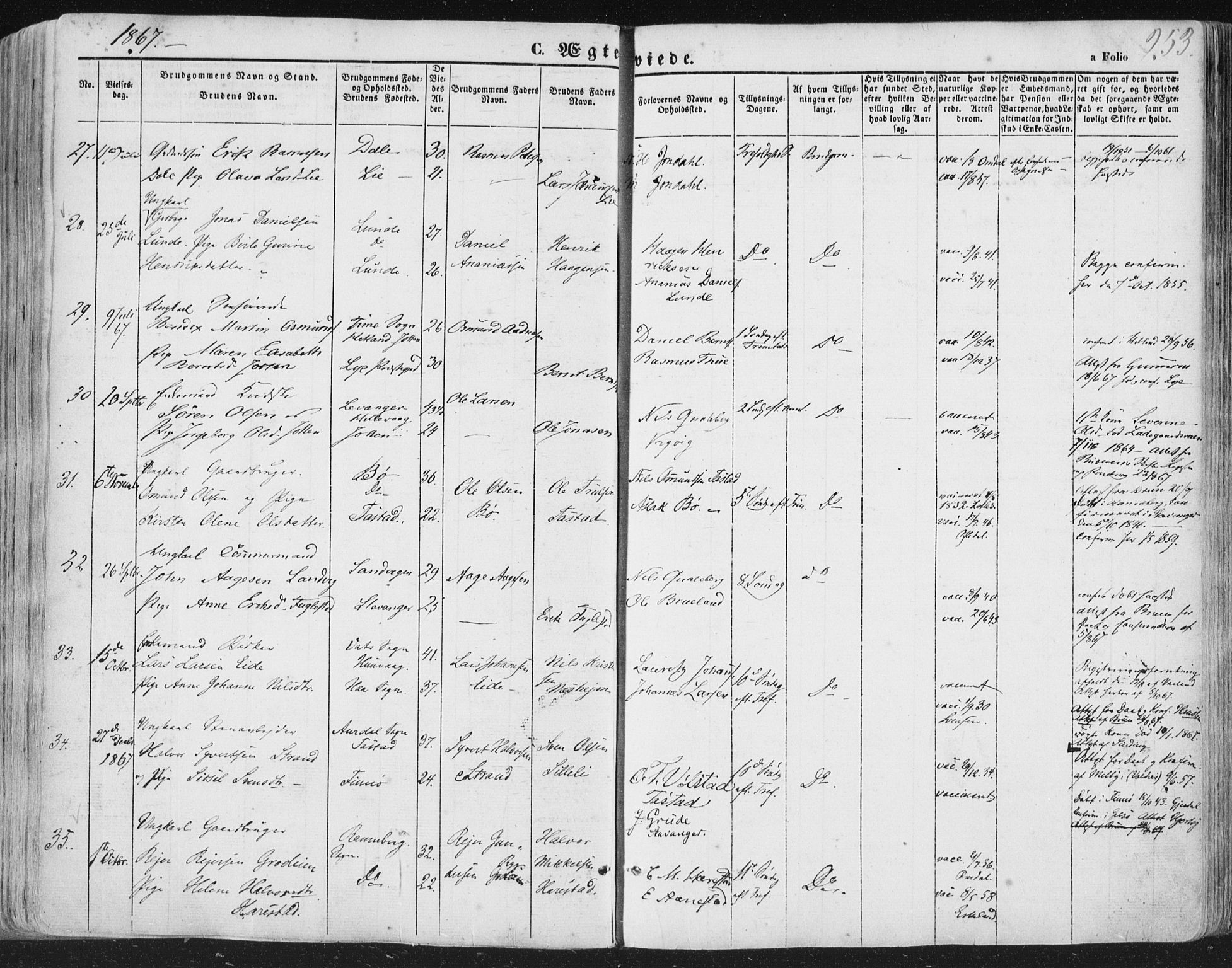 Hetland sokneprestkontor, AV/SAST-A-101826/30/30BA/L0002: Parish register (official) no. A 2, 1849-1869, p. 253