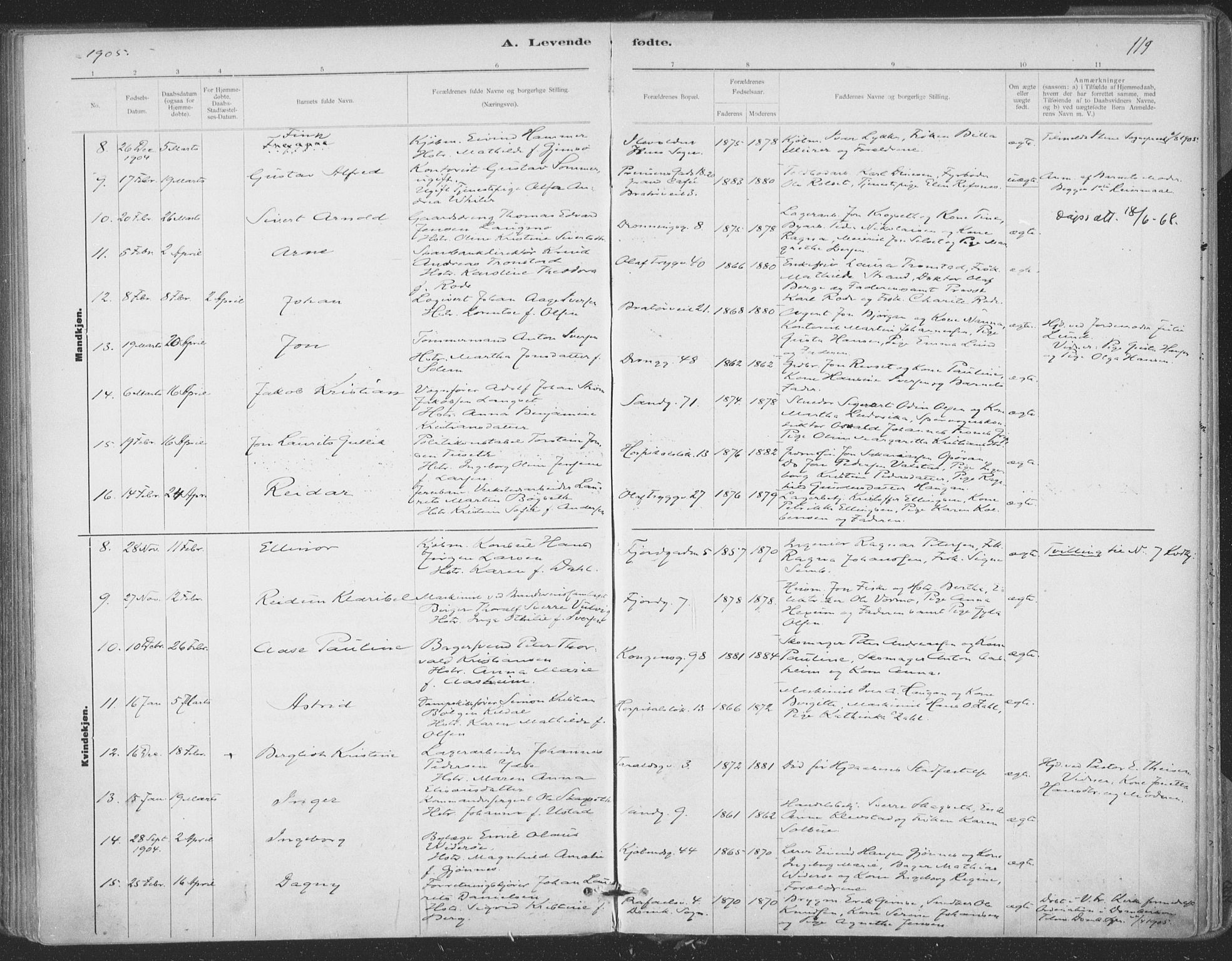 Ministerialprotokoller, klokkerbøker og fødselsregistre - Sør-Trøndelag, SAT/A-1456/602/L0122: Parish register (official) no. 602A20, 1892-1908, p. 119