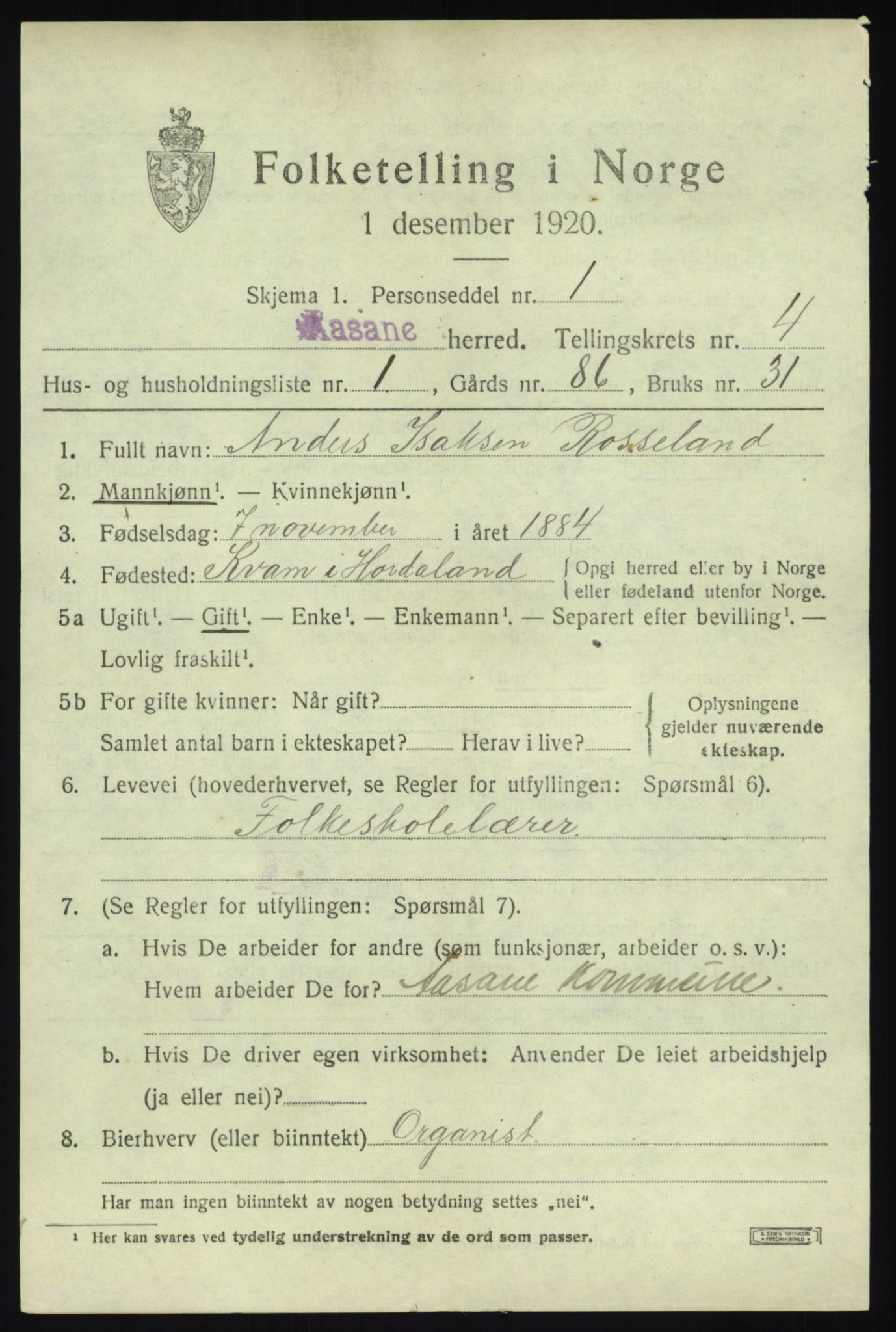 SAB, 1920 census for Åsane, 1920, p. 2443