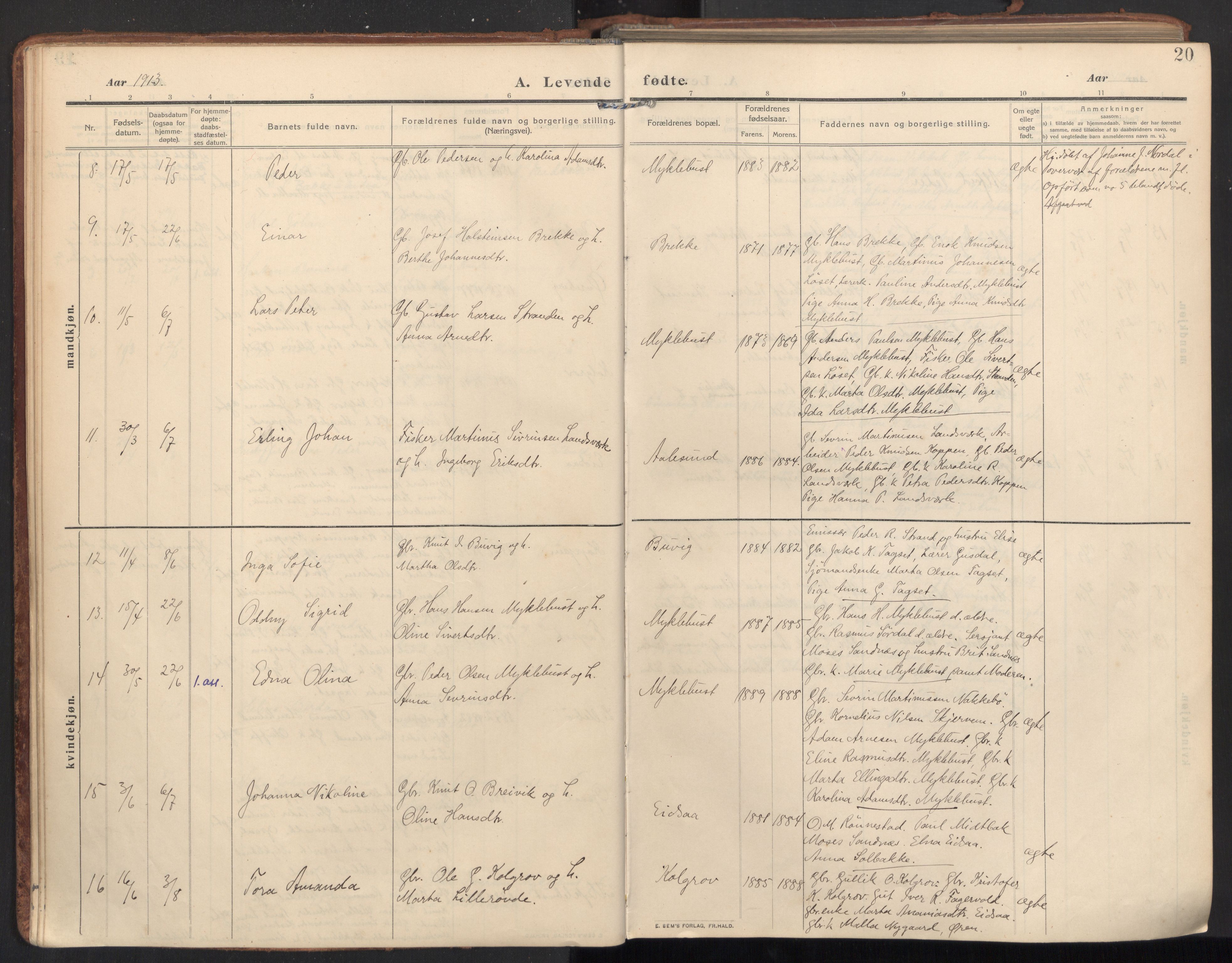 Ministerialprotokoller, klokkerbøker og fødselsregistre - Møre og Romsdal, AV/SAT-A-1454/502/L0026: Parish register (official) no. 502A04, 1909-1933, p. 20