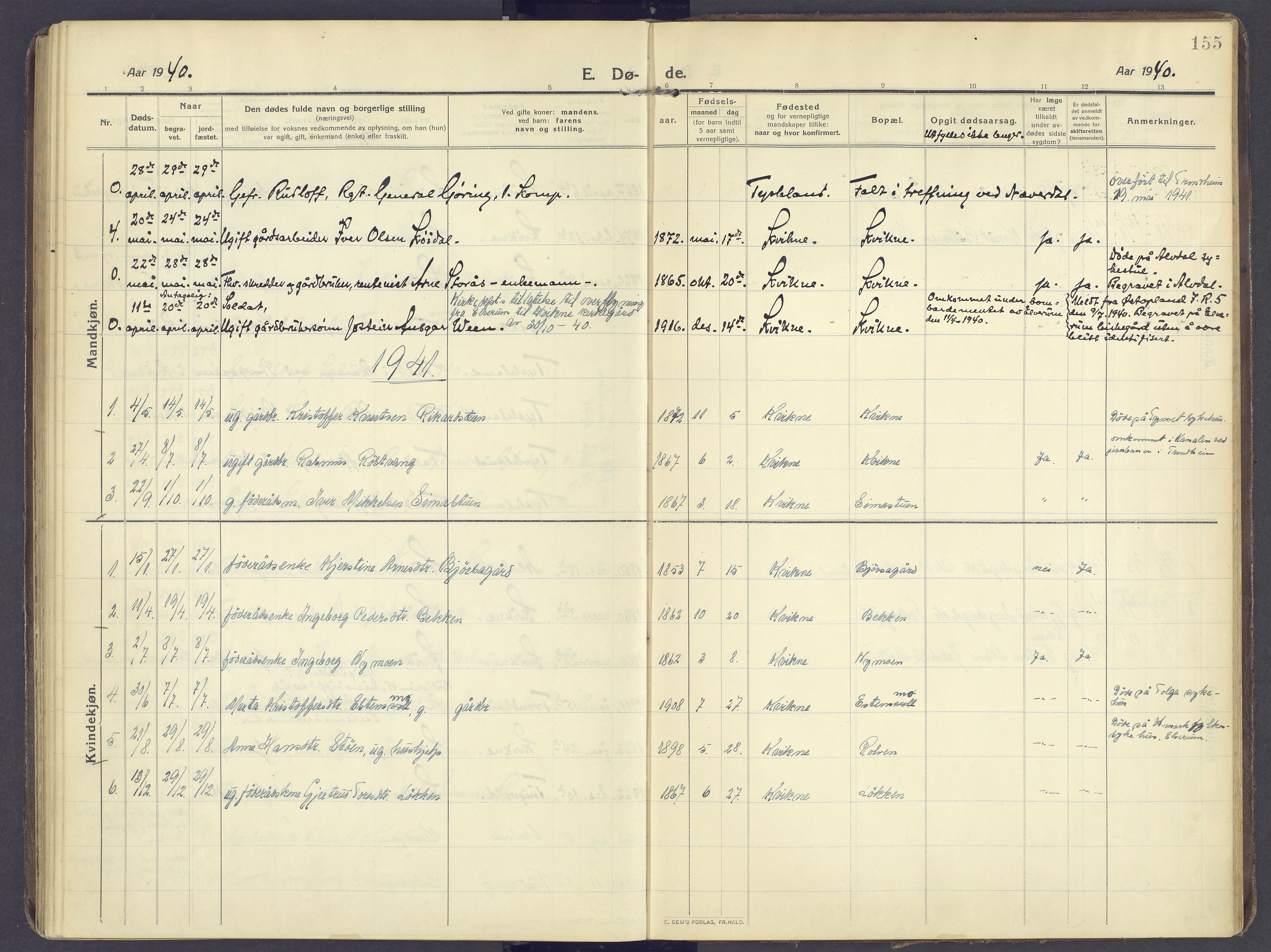 Kvikne prestekontor, AV/SAH-PREST-064/H/Ha/Haa/L0009: Parish register (official) no. 9, 1911-1942, p. 155