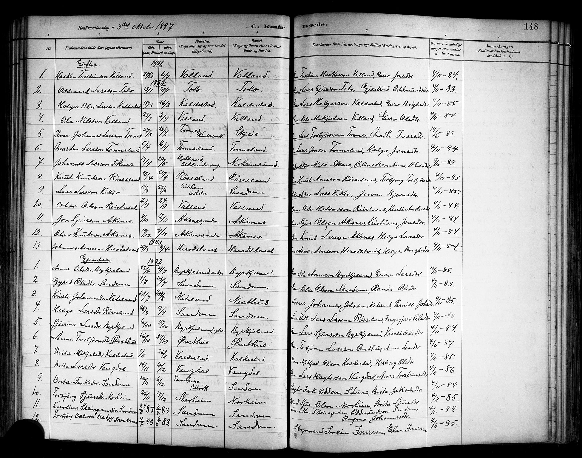 Kvam sokneprestembete, SAB/A-76201/H/Hab: Parish register (copy) no. B 3, 1884-1916, p. 148