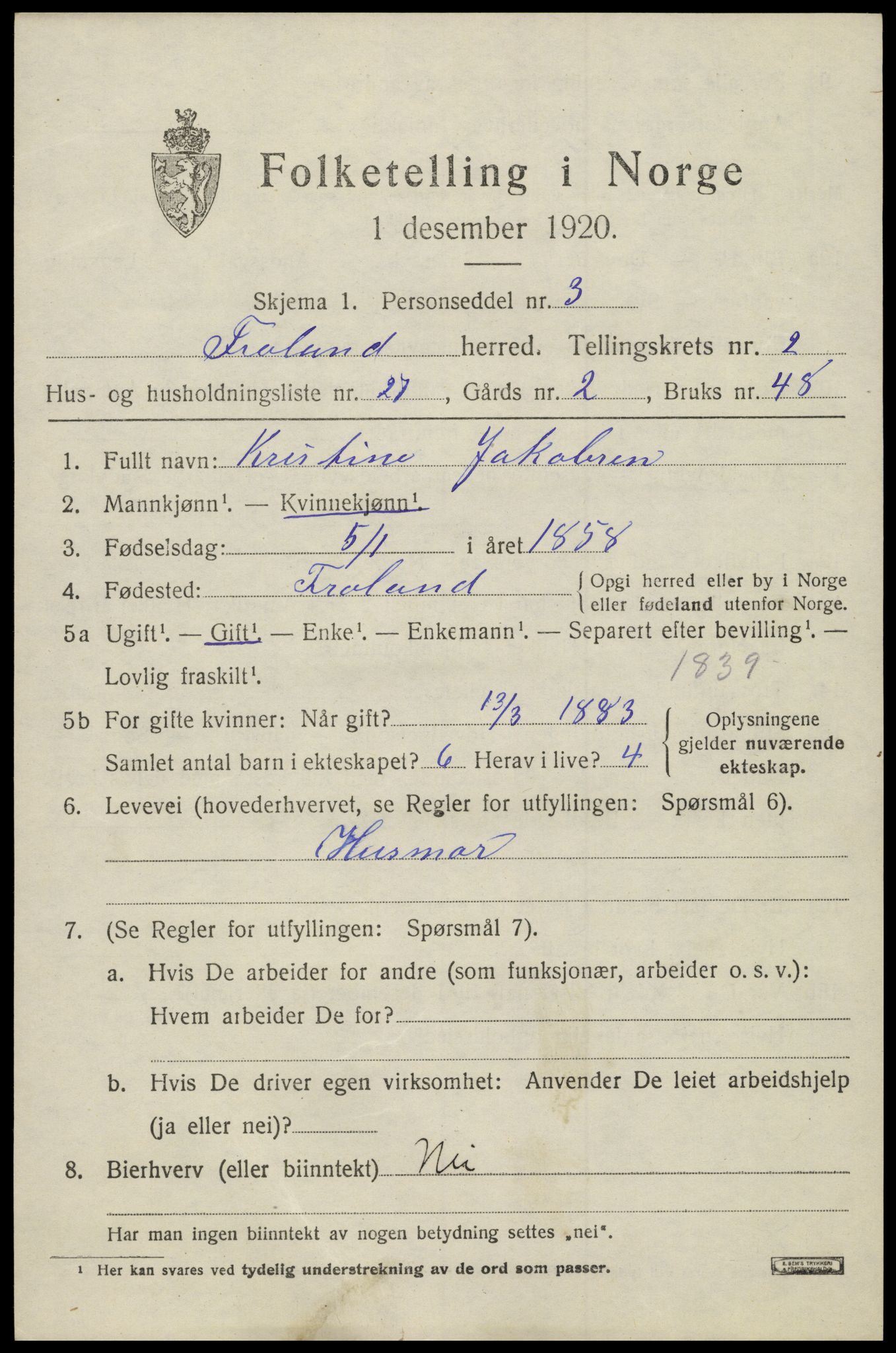 SAK, 1920 census for Froland, 1920, p. 2129